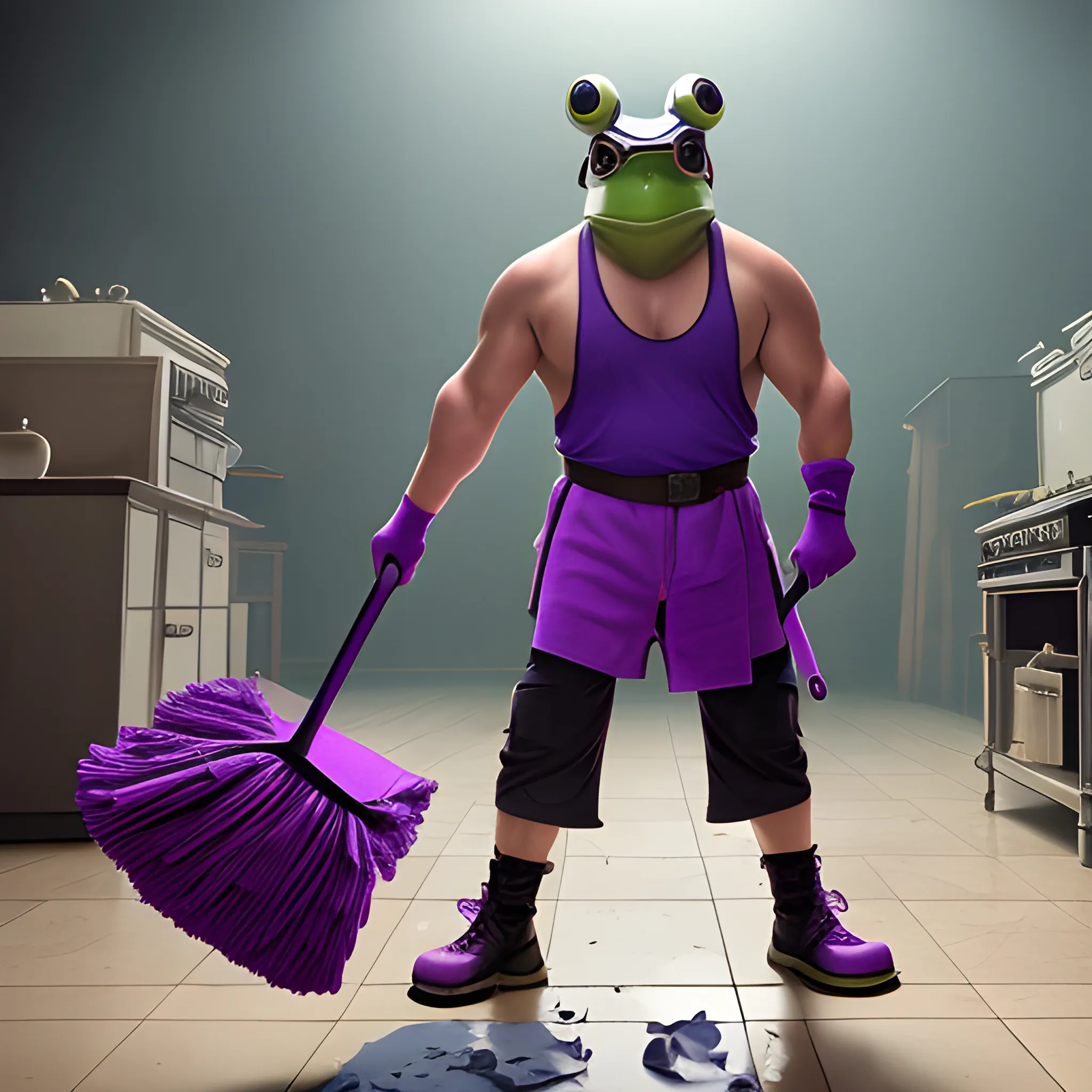 a wide shot, full body image of a man with a frog's head wearing blocker sunglasses and is also wearing a torn-up sleeveless purple shirt while holding a mop with both his hands, all in the style of live action.