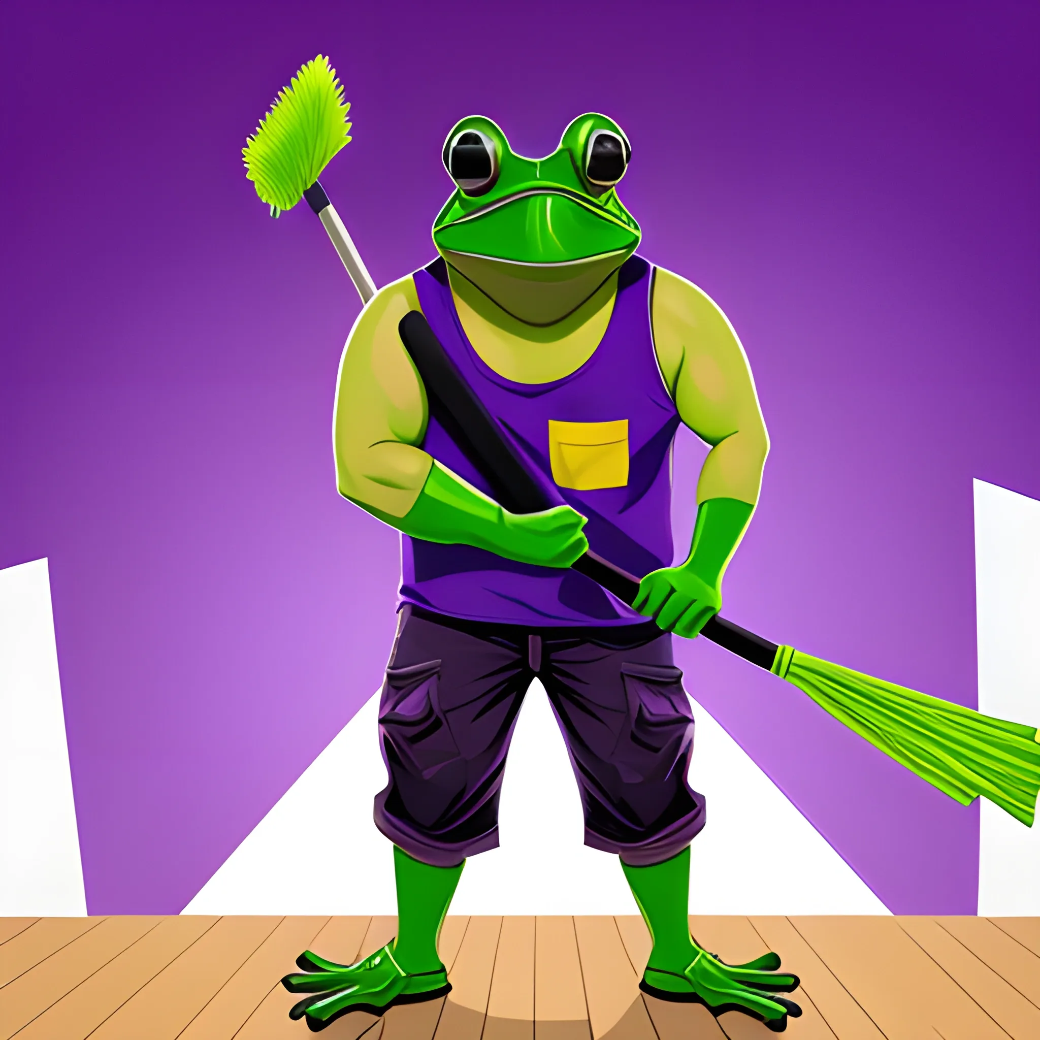 a wide shot, full body image of a man with a frog's head wearing blocker sunglasses and is also wearing a torn-up sleeveless purple shirt while holding a mop with both his hands, all in the style of live action.