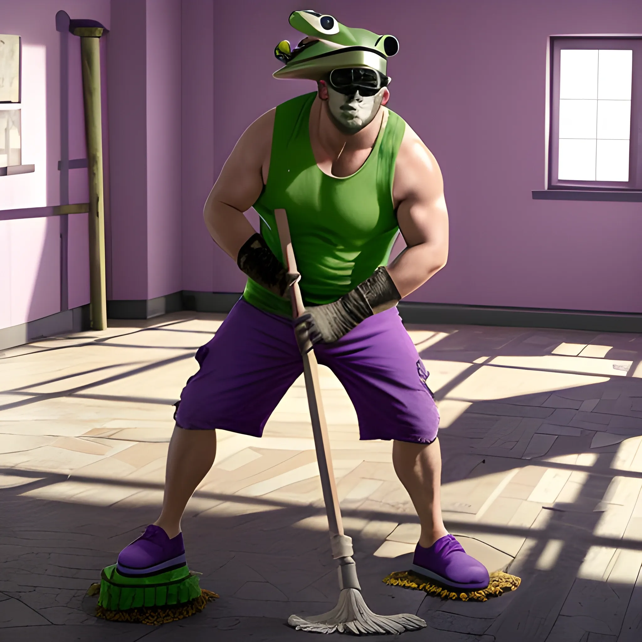 a wide shot, full body image of a man with a deformed frog's head wearing blocker sunglasses and is also wearing a torn-up sleeveless purple shirt while holding a mop with both his hands, all in the style of live action.