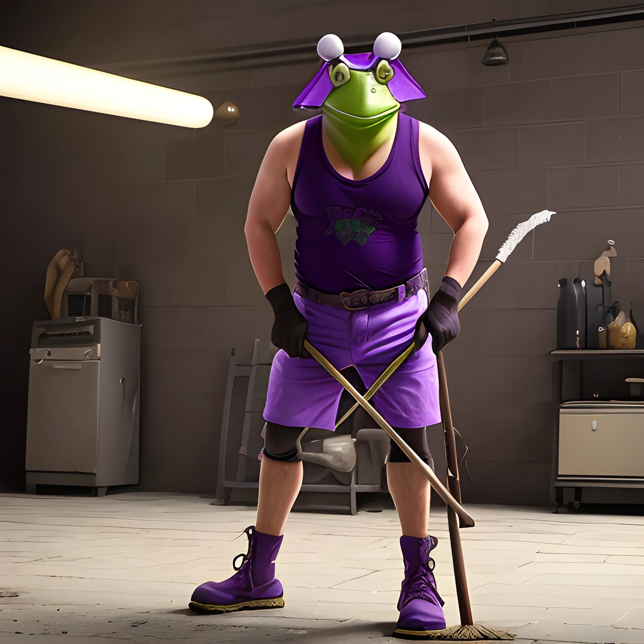 a wide shot, full body image of a man with a frog's head wearing blocker sunglasses and is also wearing a torn-up sleeveless purple shirt while holding a mop with both his hands, all in the style of live action.