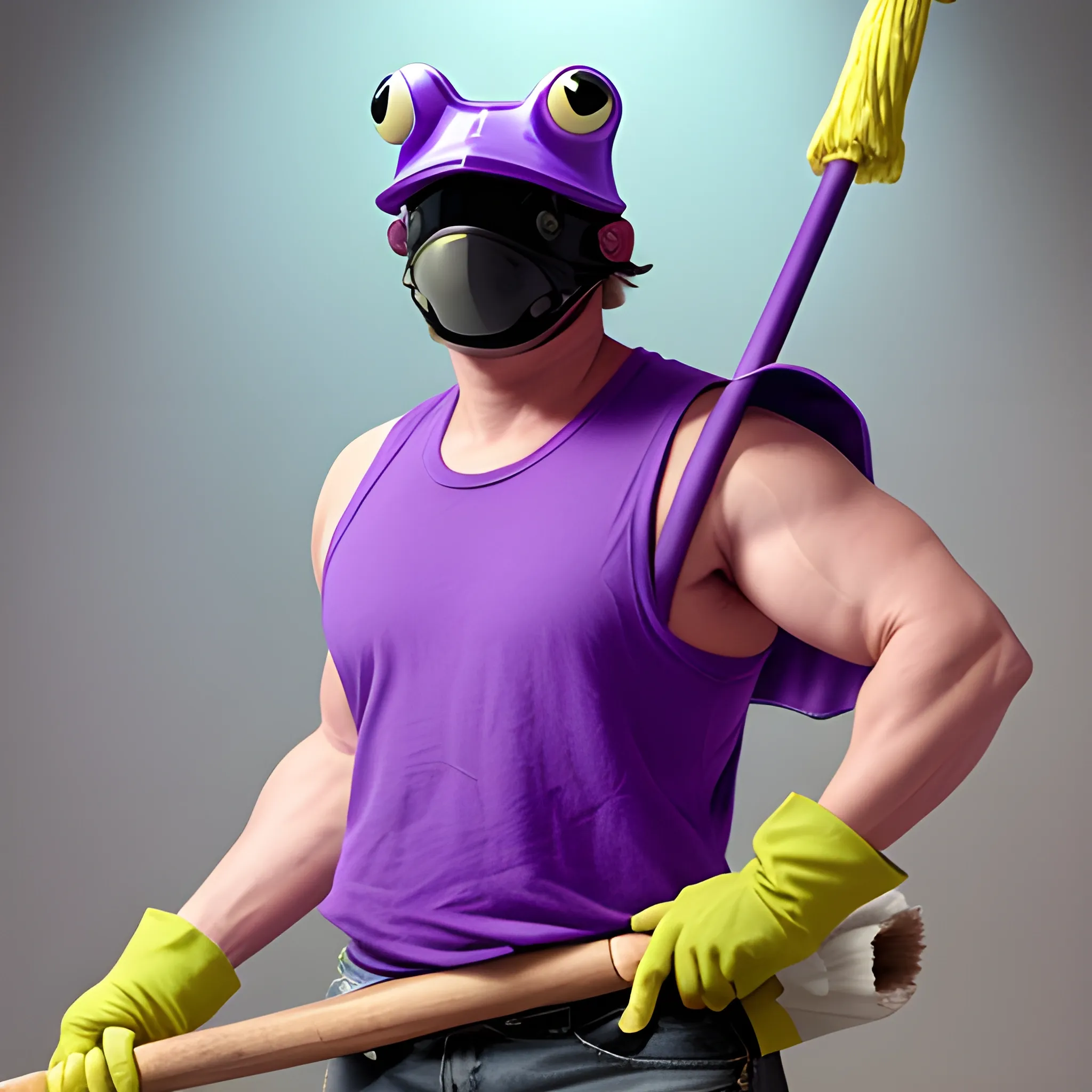 a wide shot, full body image of a man with a frog's head wearing blocker sunglasses and is also wearing a torn-up sleeveless purple shirt while holding a mop with both his hands, all in the style of live action.