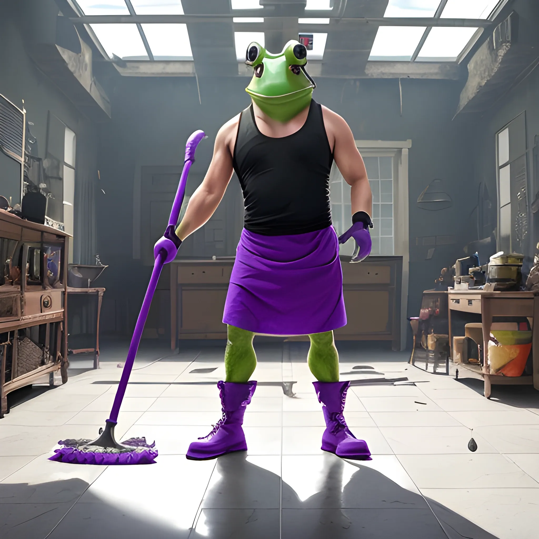 a wide shot, full body image of a man with a frog's head wearing blocker sunglasses and is also wearing a torn-up sleeveless purple shirt while holding a mop with both his hands, all in the style of live action.