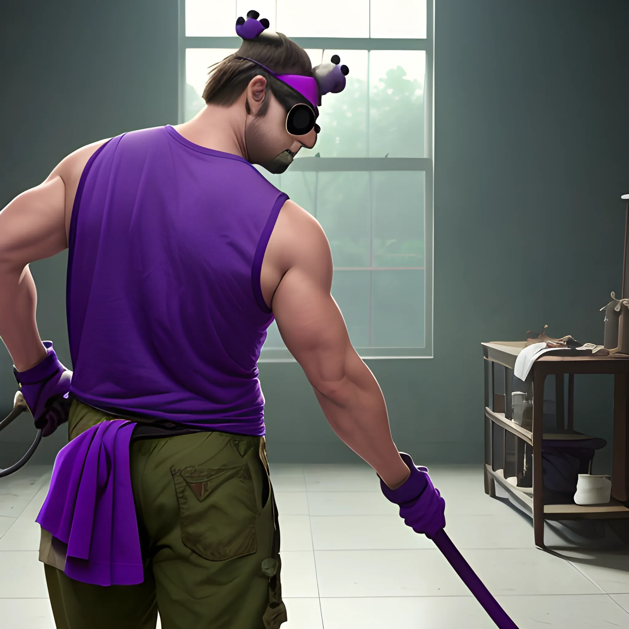 a wide shot, full body image of a man with a frog's head wearing blocker sunglasses and is also wearing a torn-up sleeveless purple shirt while holding a mop with both his hands, all in the style of live action.