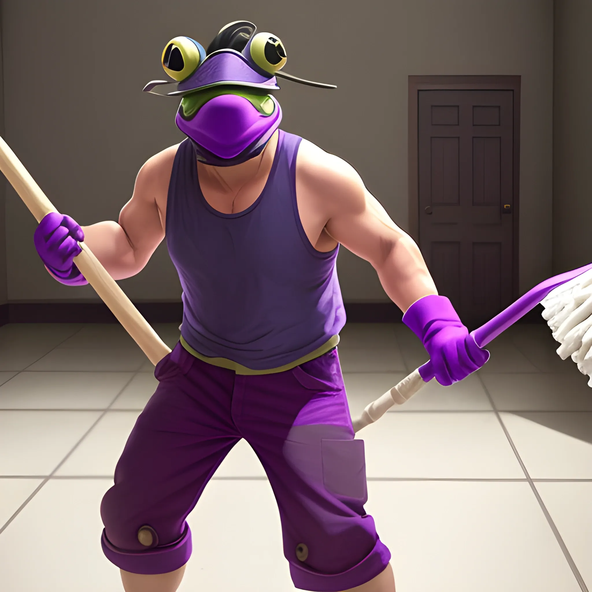 a wide shot, full body image of a man with a frog's head wearing blocker sunglasses and is also wearing a torn-up sleeveless purple shirt while holding a mop with both his hands, all in the style of live action.