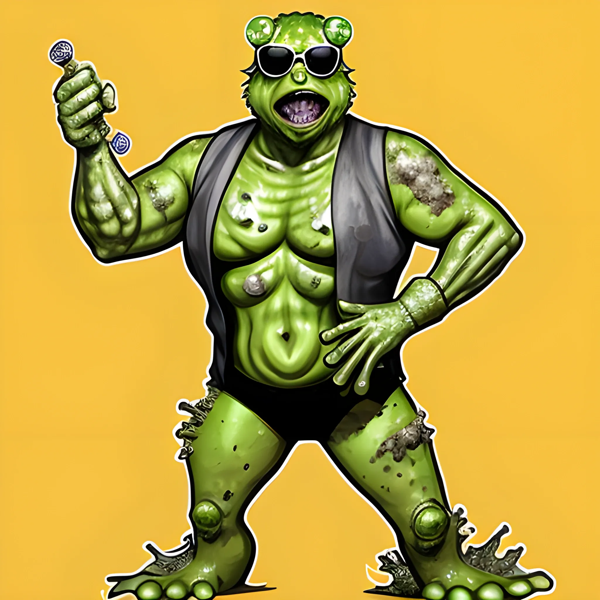 toxic avenger full body with a frog's head that's wearing sunglasses