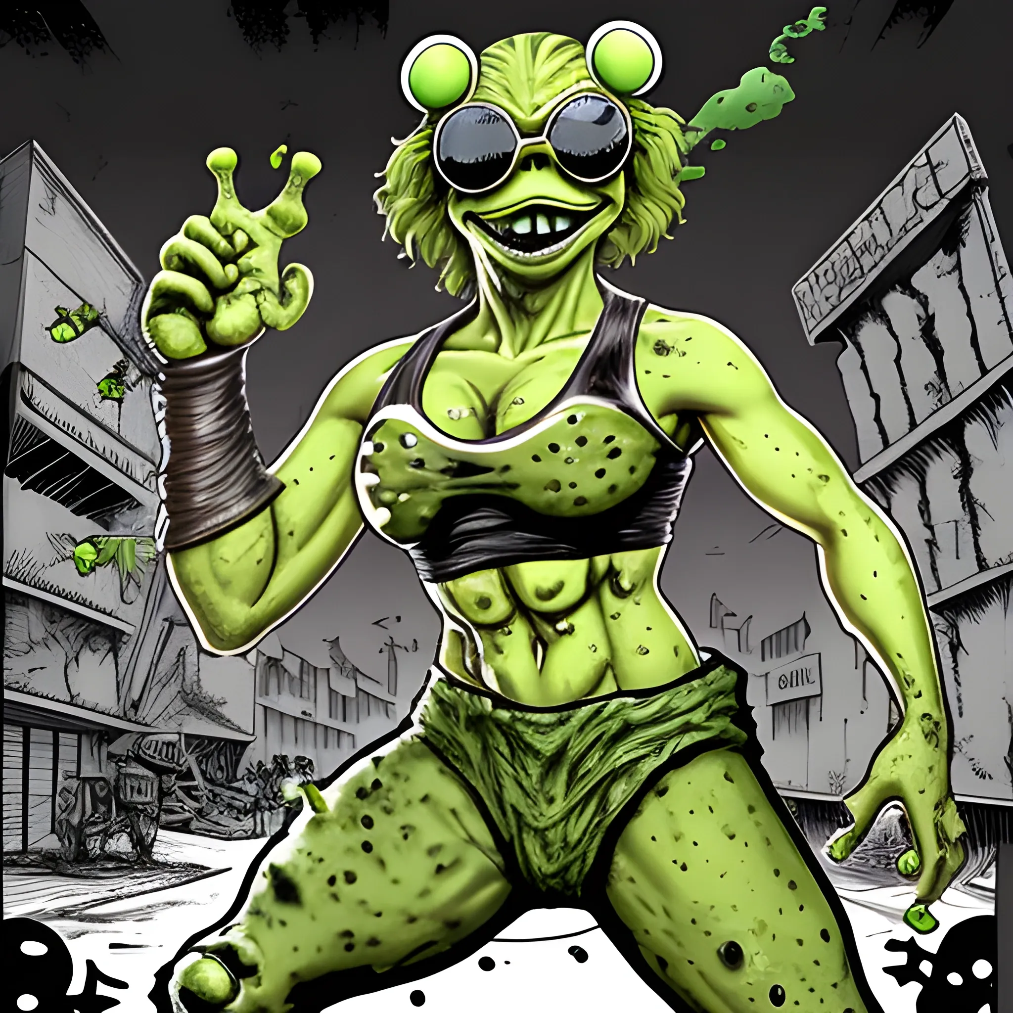 toxic avenger full body with a frog's head that's wearing sunglasses