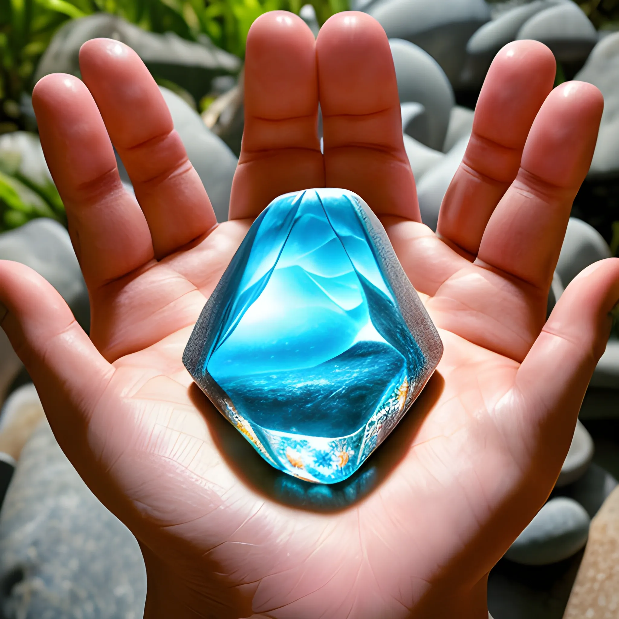 manos de un hombre sosteniendo una piedra de cristal simbolizando espiritualidad y conexion con la naturaleza, Trippy