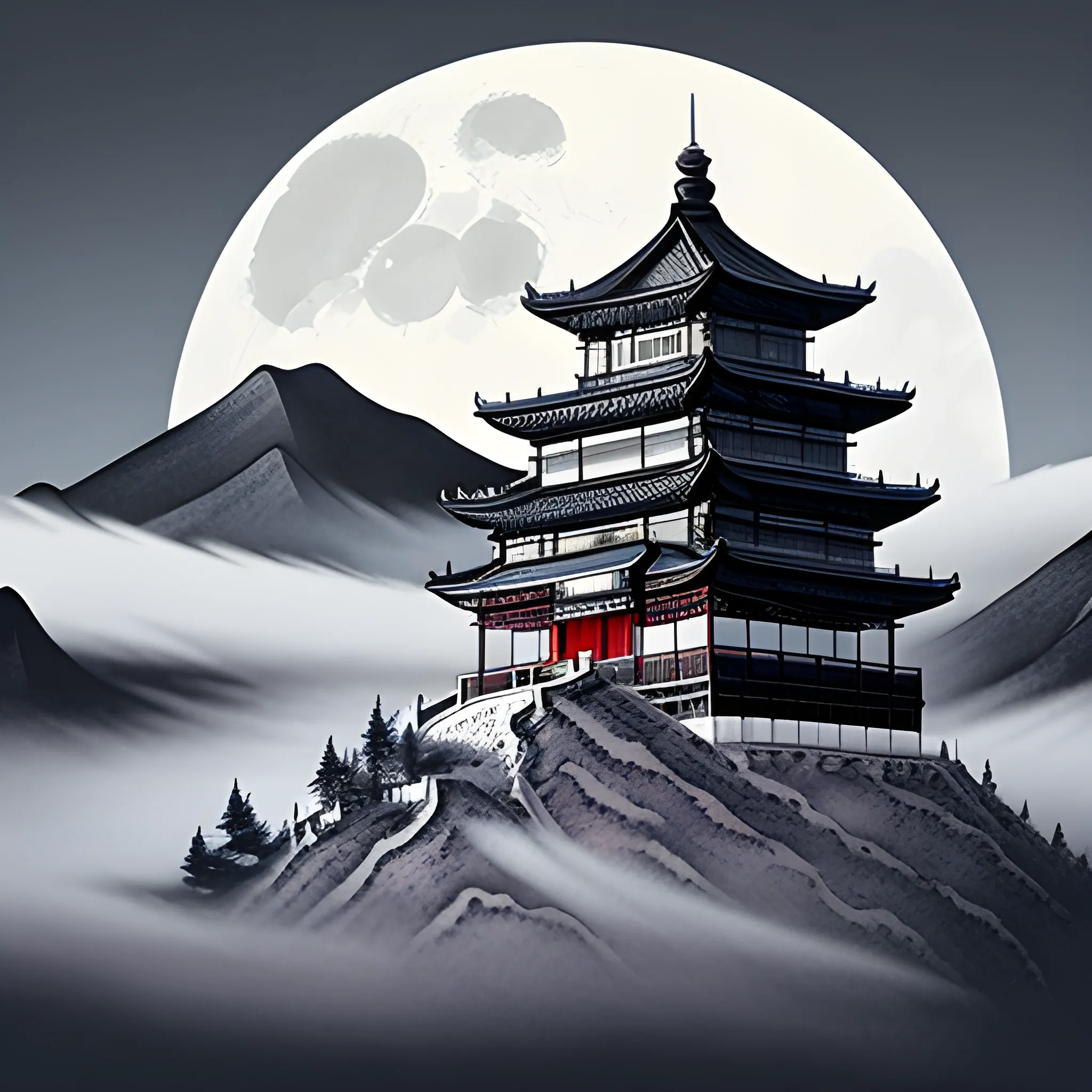 Mysterious Chinese mountain scenery, moon phase, snow and fog, pagoda, traditional ink style, ultra-high details, ultra-high definition