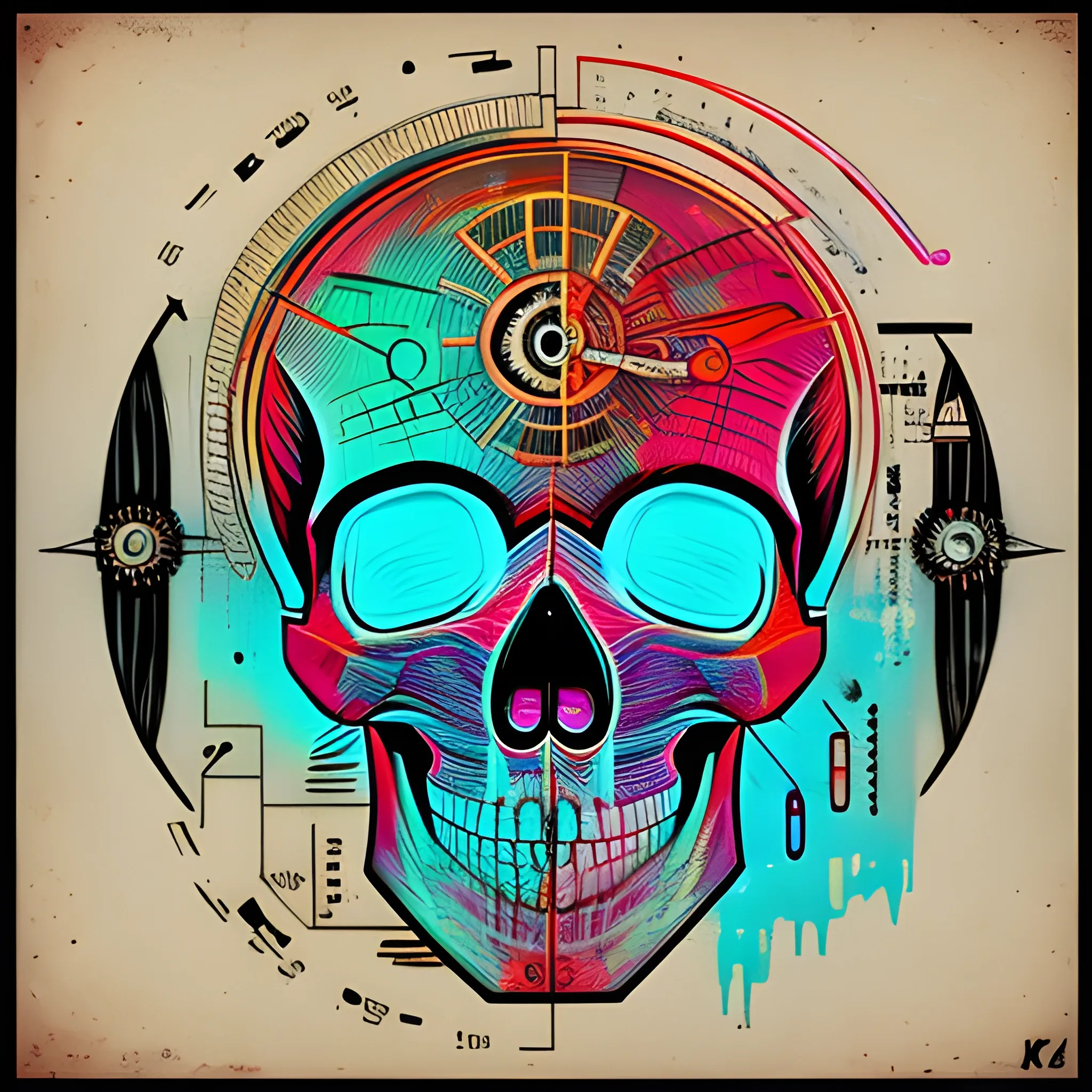 4k acrylic abstract neon skull mechanism art on canvas with brush textures depicting mid century shapes with textured layered details, trending on artstation, Trippy, Pencil Sketch