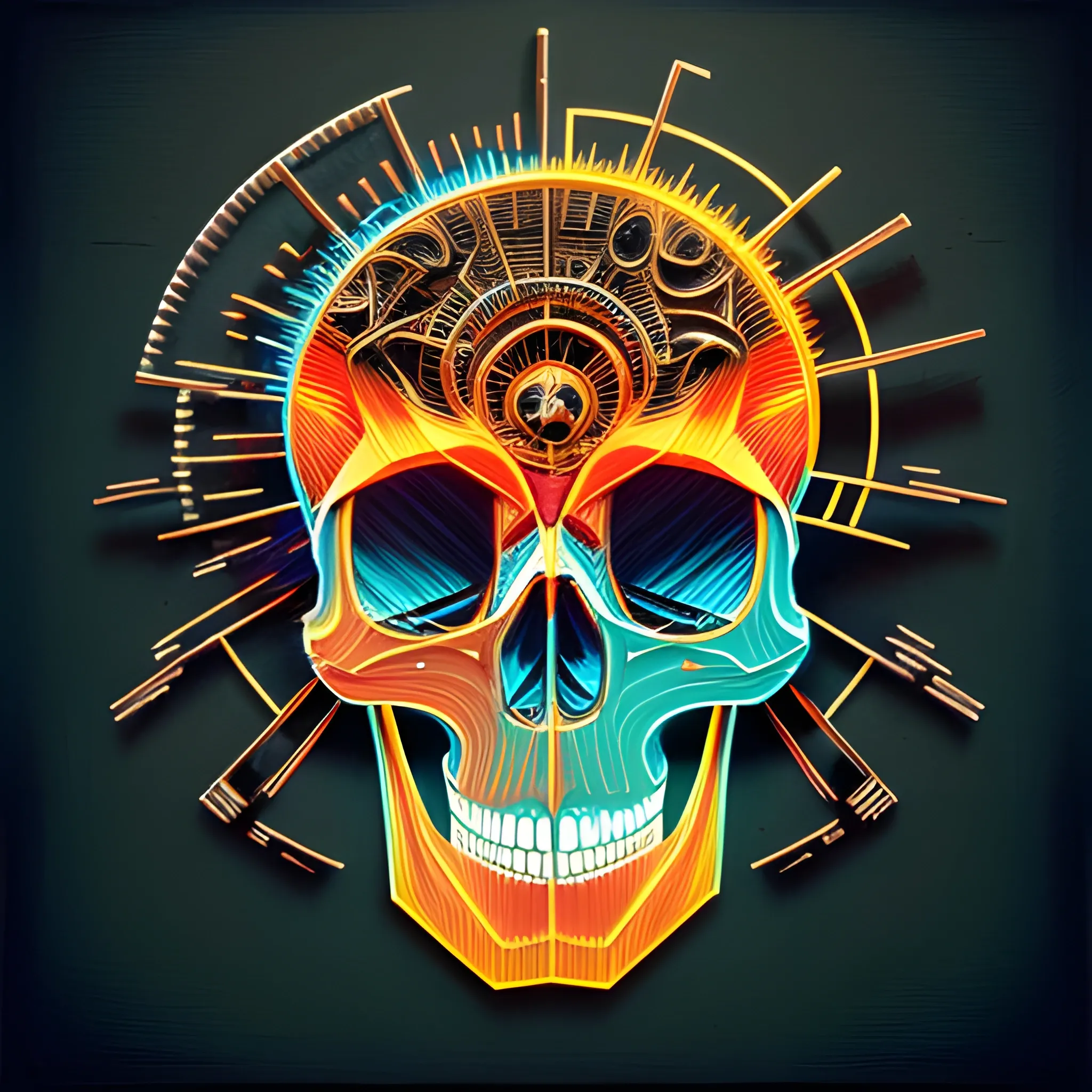 4k acrylic abstract neon skull mechanism art on canvas with brush textures depicting mid century shapes with textured layered details, trending on artstation, Trippy, Pencil Sketch