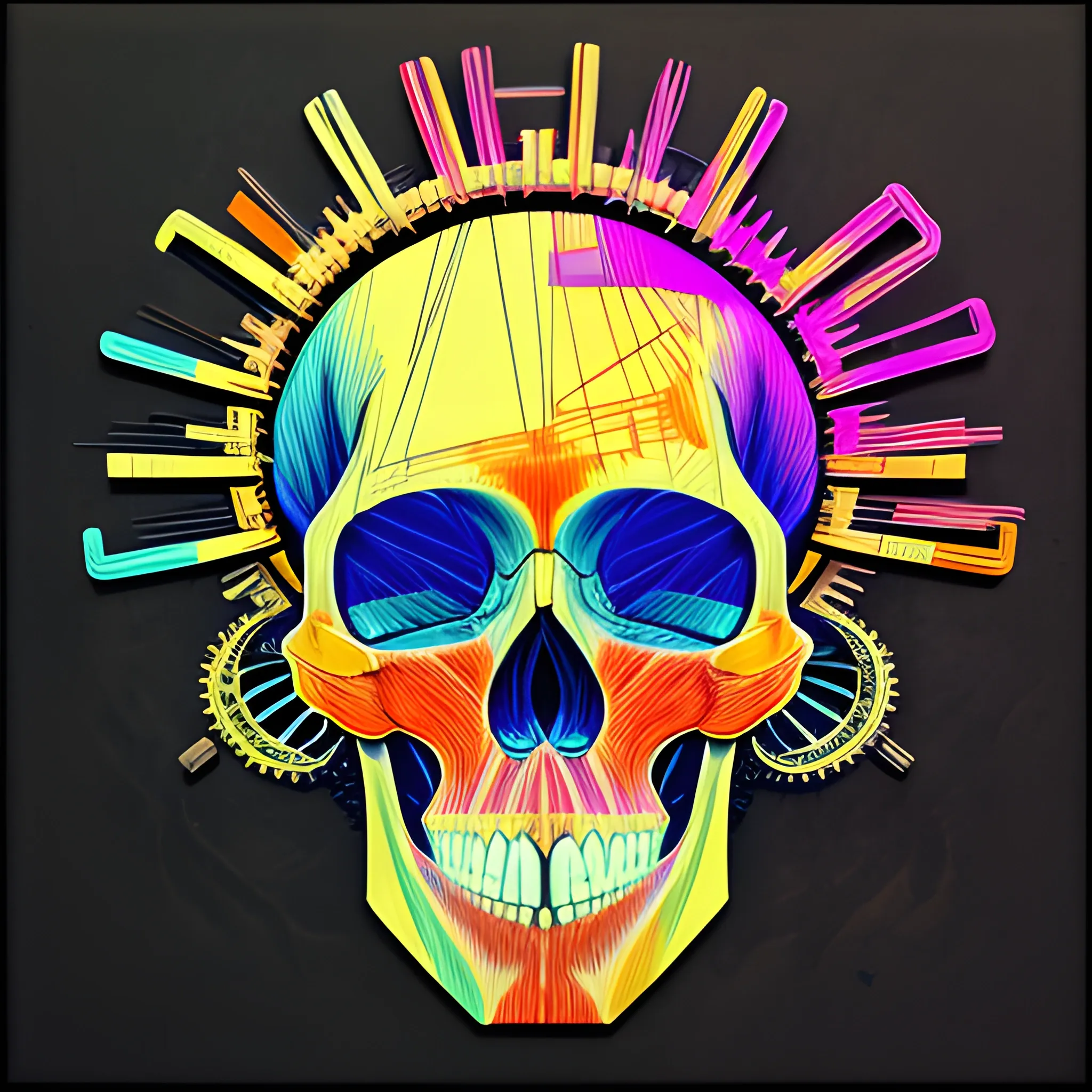 4k acrylic abstract neon skull mechanism art on canvas with brush textures depicting mid century shapes with textured layered details, trending on artstation, Trippy, Pencil Sketch