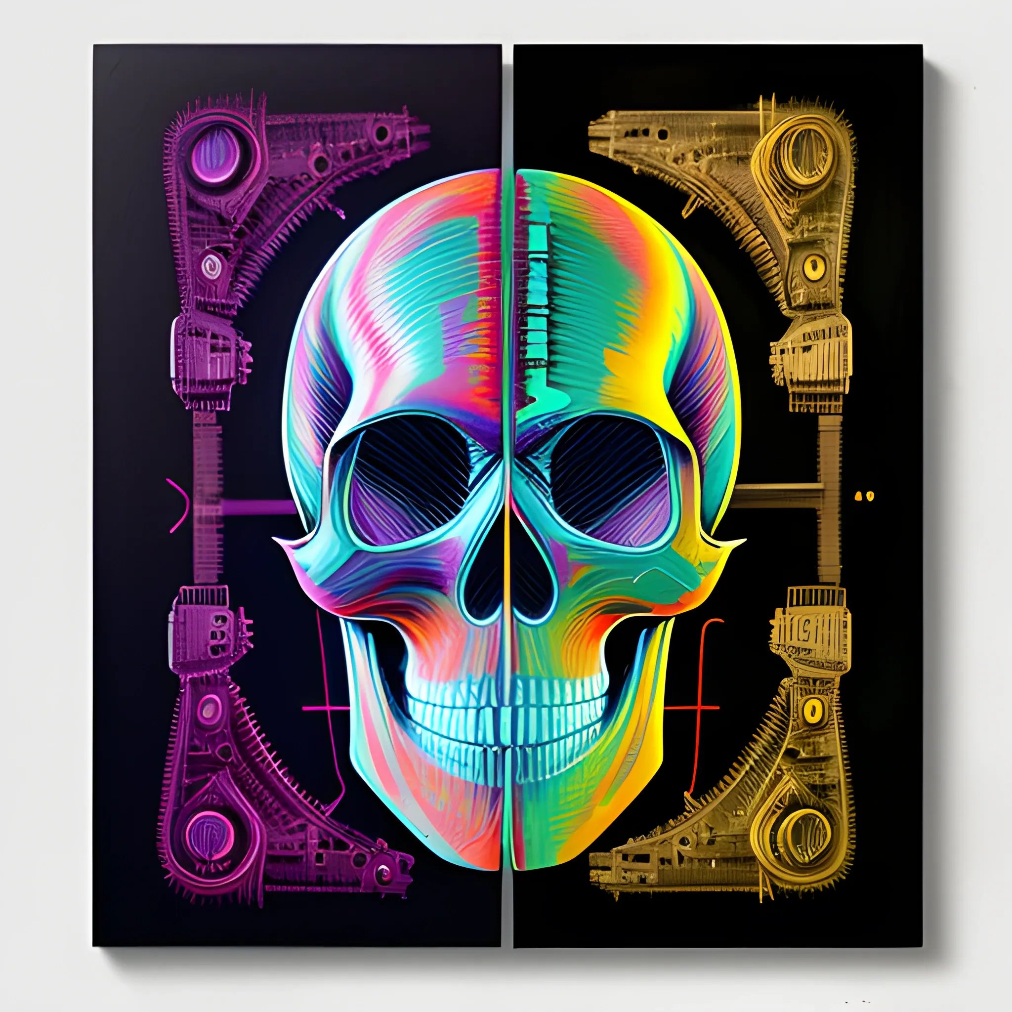 4k acrylic abstract neon skull mechanism art on canvas with brush textures depicting mid century shapes with textured layered details, trending on artstation, Trippy, Pencil Sketch