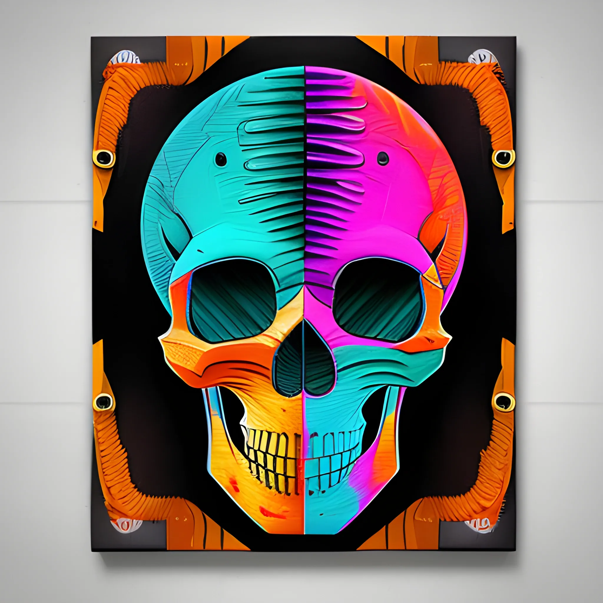 4k acrylic abstract neon skull mechanism art on canvas with brush textures depicting mid century shapes with textured layered details, trending on artstation, Trippy, Pencil Sketch