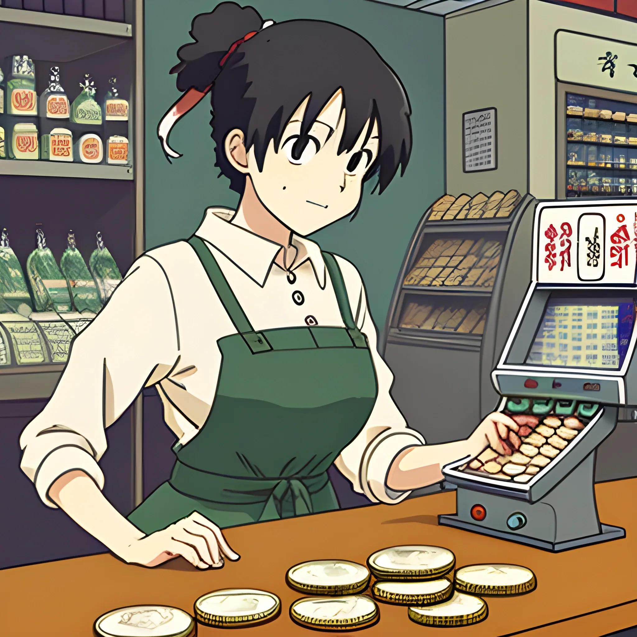 Girl cashier in the cafe counting dollar and coins, art by studio ghibli, art by miyazaki, 2D, anime, illustration