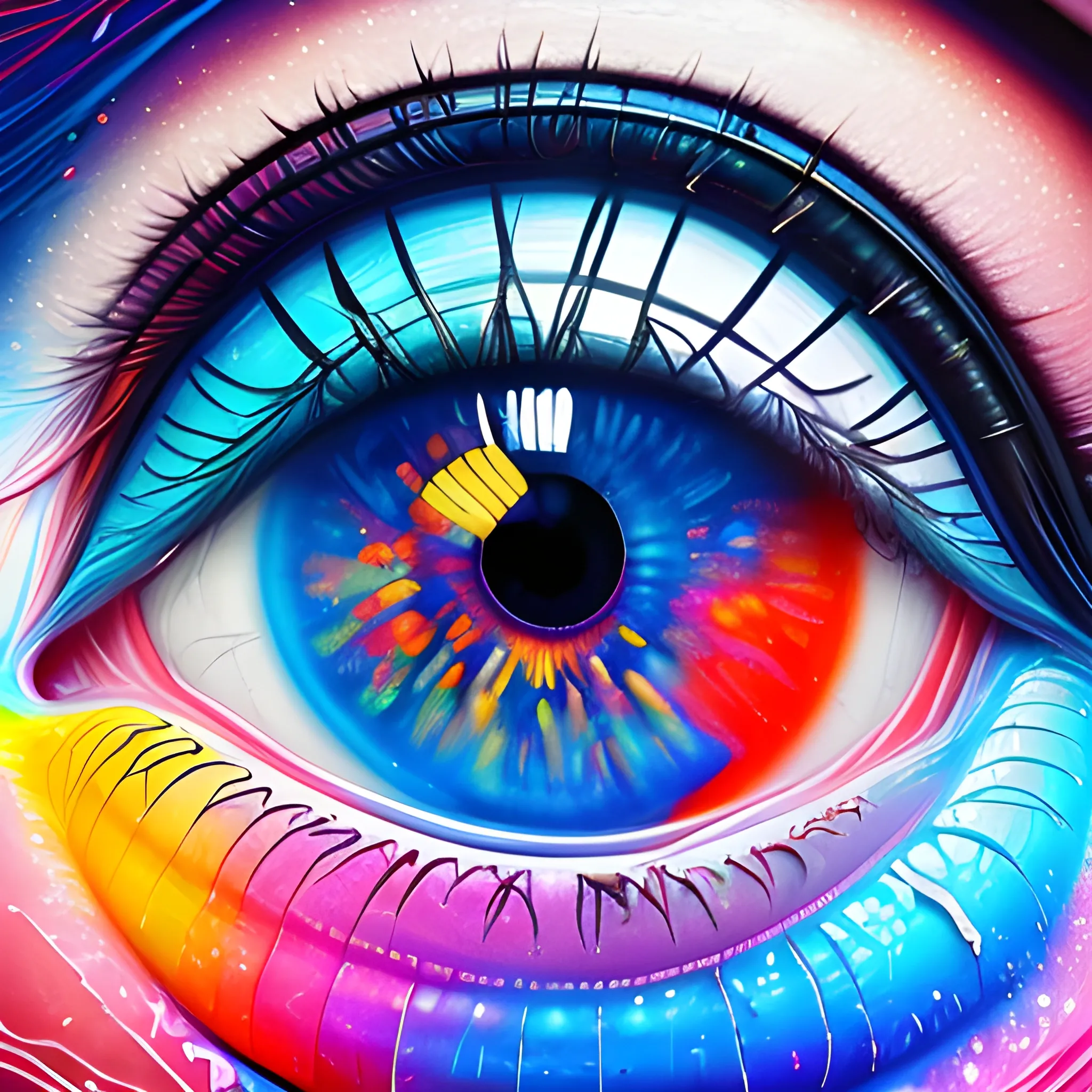 there is a close up of a very colorful eye with a lot of paint, stunning digital illustration, beeple. hyperrealism, hyperrealistic digital art, ultra high detail digital art, hyperrealistic digital painting, hyper detailed digital art, ultradetailed digital painting, highly realistic digital art, amazing detail digital art, ultra detailed digital art, detailed digital 3d art