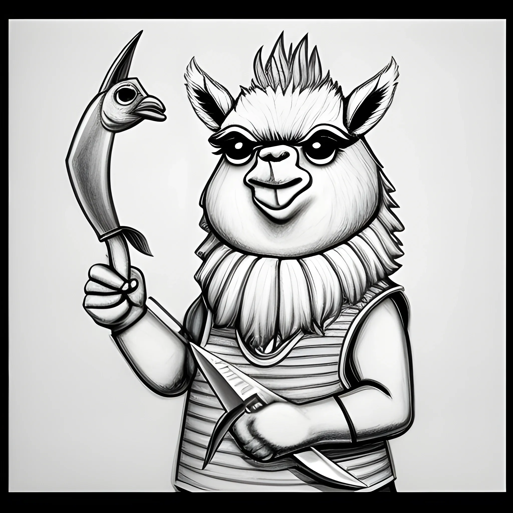 angry llama holding knife in one hand fish in other hand, Pencil Sketch, Cartoon