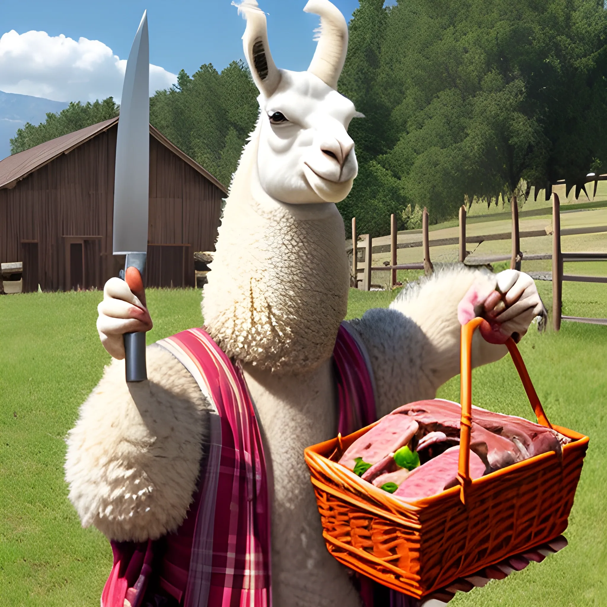 angry llama holding knife in one hand and meat basket in other hand
