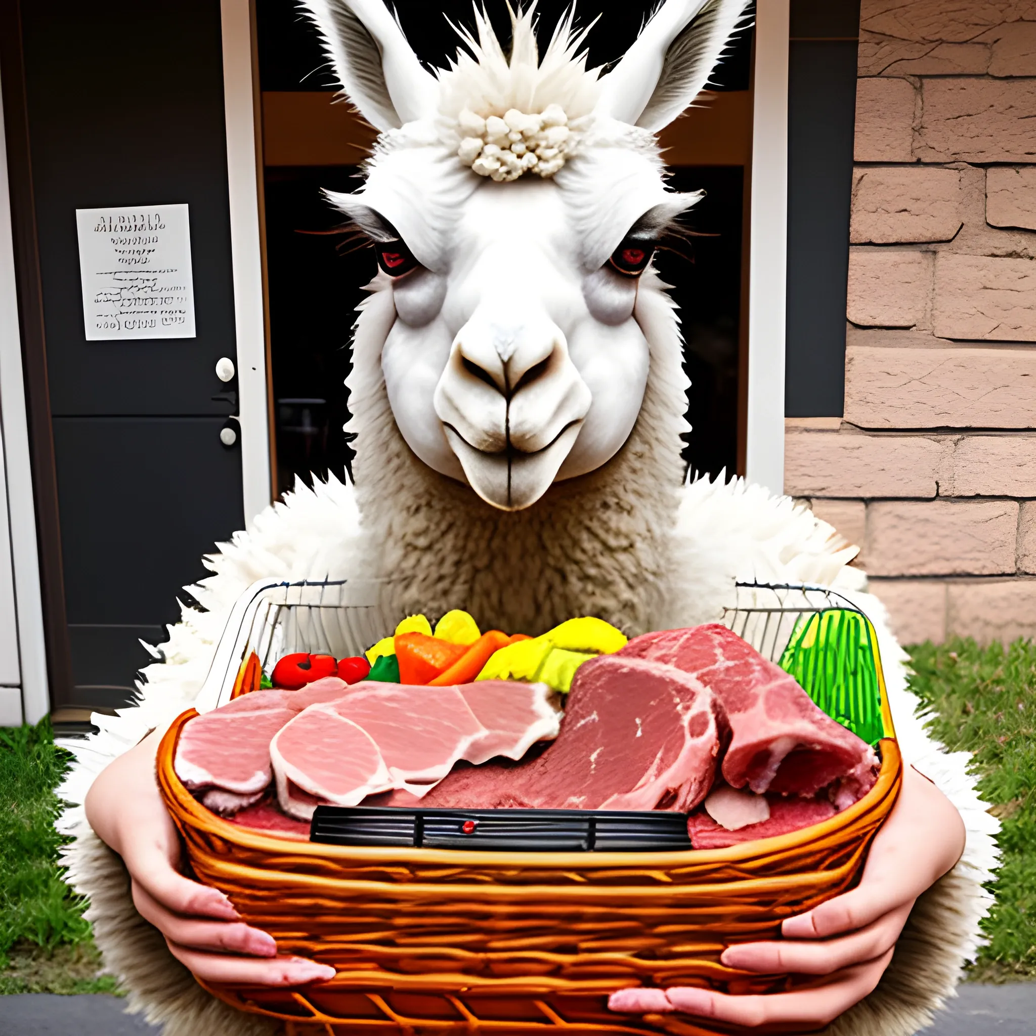 angry llama holding knife in one hand and meat basket in other hand