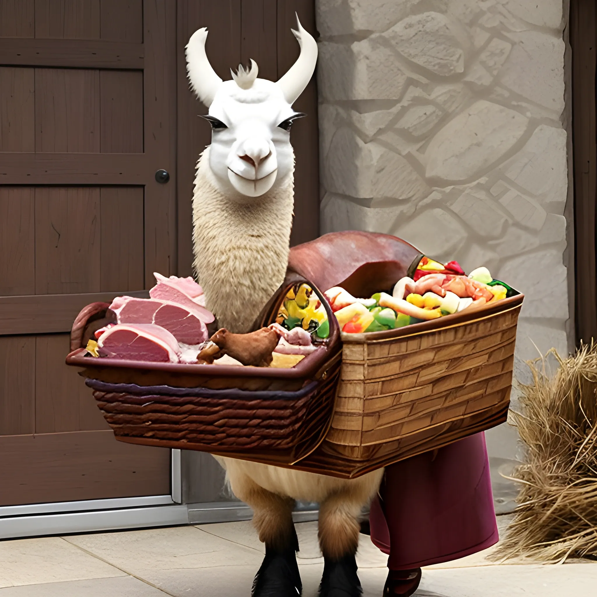 angry llama holding knife in one hand and meat basket in other hand