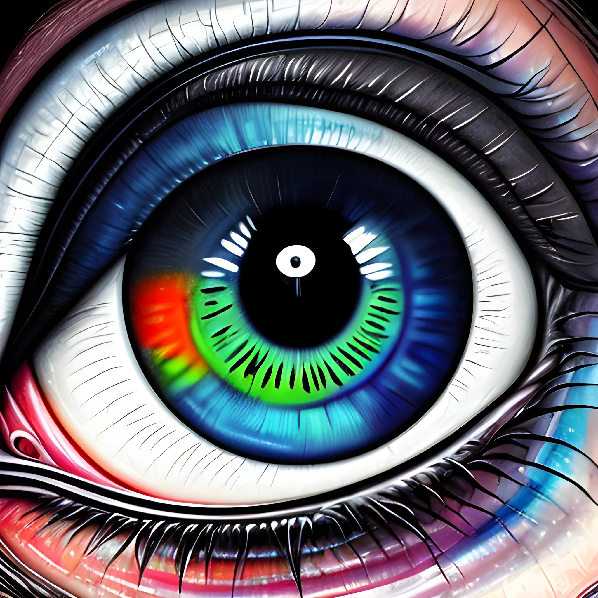 there is a extreme close up of a very colorful eye with a lot of paint, stunning digital illustration, giger. hyperrealism, hyperrealistic digital art, ultra high detail digital art, hyperrealistic digital painting, hyper detailed digital art, ultradetailed digital painting, highly realistic digital art, amazing detail digital art, ultra detailed digital art, detailed digital 3d art