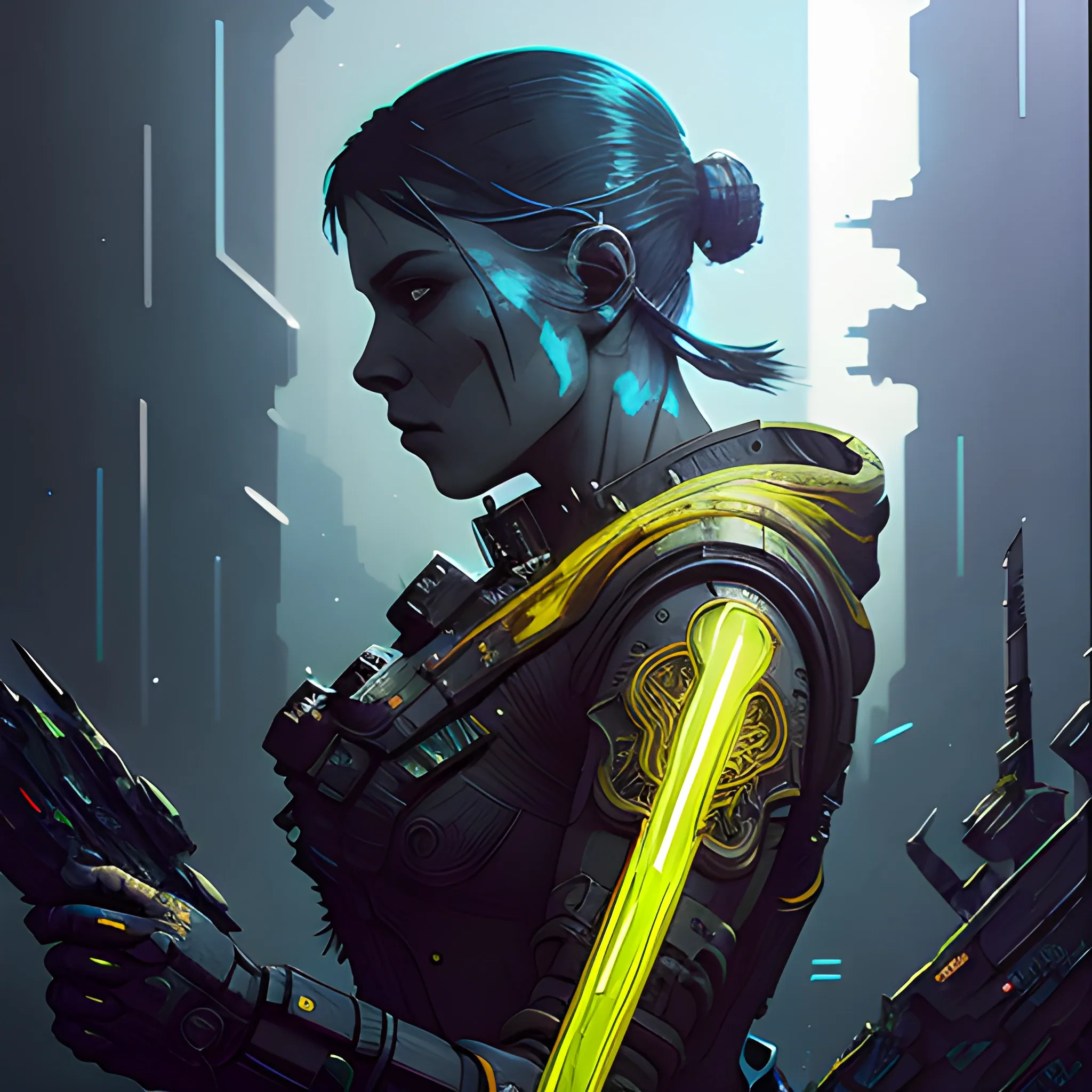 in cyberpunk style"Eternal Nightfall" phosphorescent print-ready, urban pop art style, cosmic yellow, immaculate black canvas, Splatter paint charisma, a sensation on ArtStation, crystal-clear precision, studio depiction, detailed linework, unmatched intricacy, in the vein of Greg Rutkowski's magic, Watercolor glow, trending on artstation, laser-sharp clarity, studio visualization, intricate textures, masterfully crafted, channeling the spirit of Greg Rutkowski., Watercolor, trending on artstation, sharp focus, studio photo, intricate details, highly detailed, by greg rutkowski --q99 --testp --chaos 90