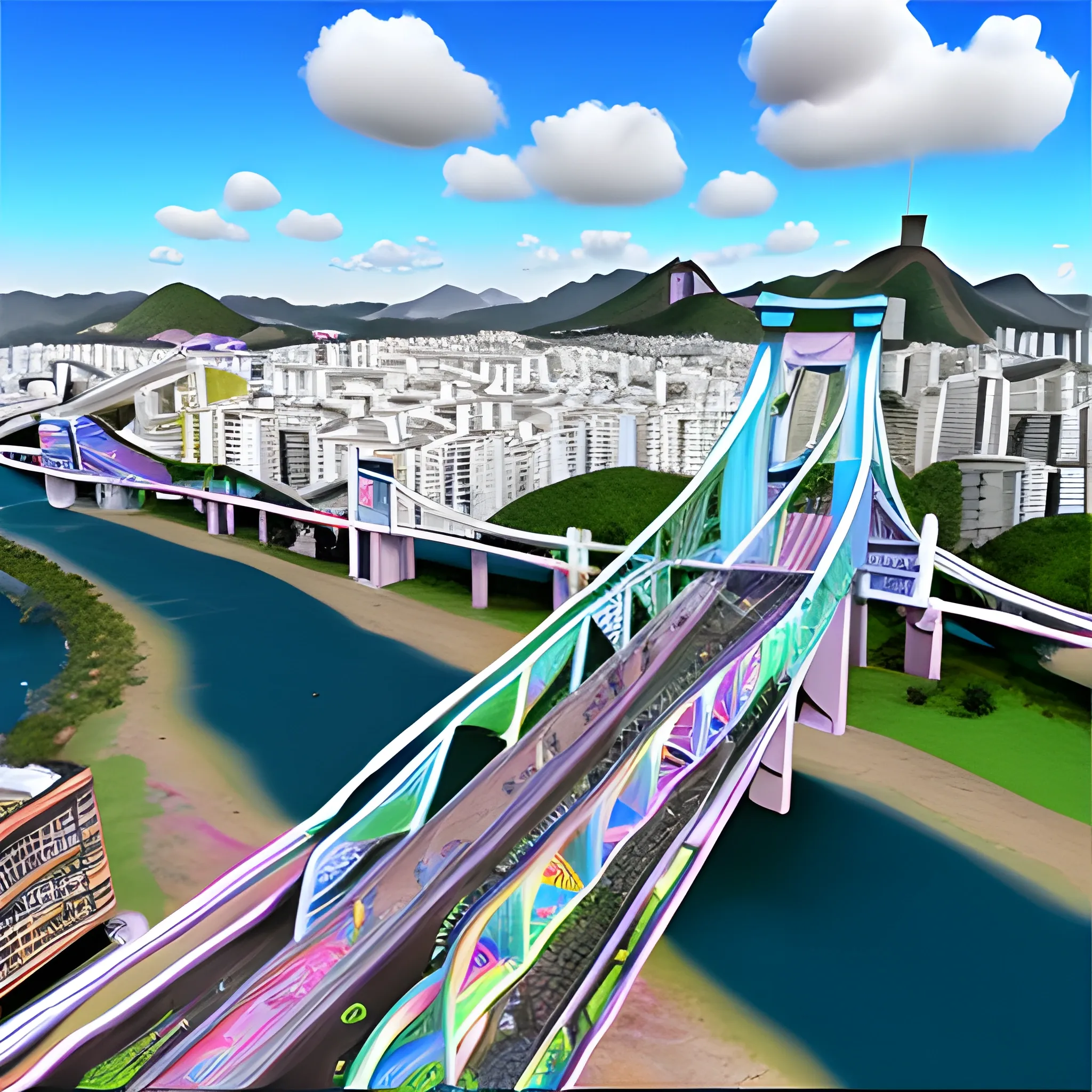 , 3D,puente sobre rio, realista,muy colorido 