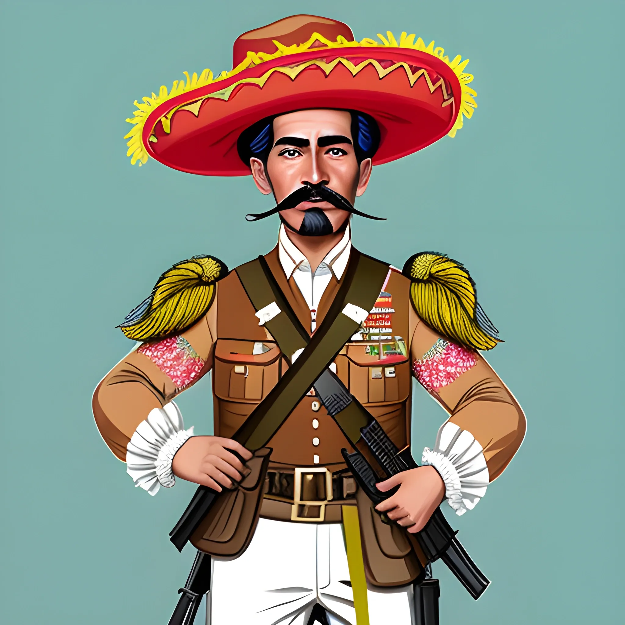 A colorful and caricatured representation of a Mexican insurgent soldier from the time of the Independence. The soldier wears a charro hat adorned with bright feathers and an excessively festive outfit with an abundance of ruffles and lace. He holds a sword that shines in golden tones, Cartoon