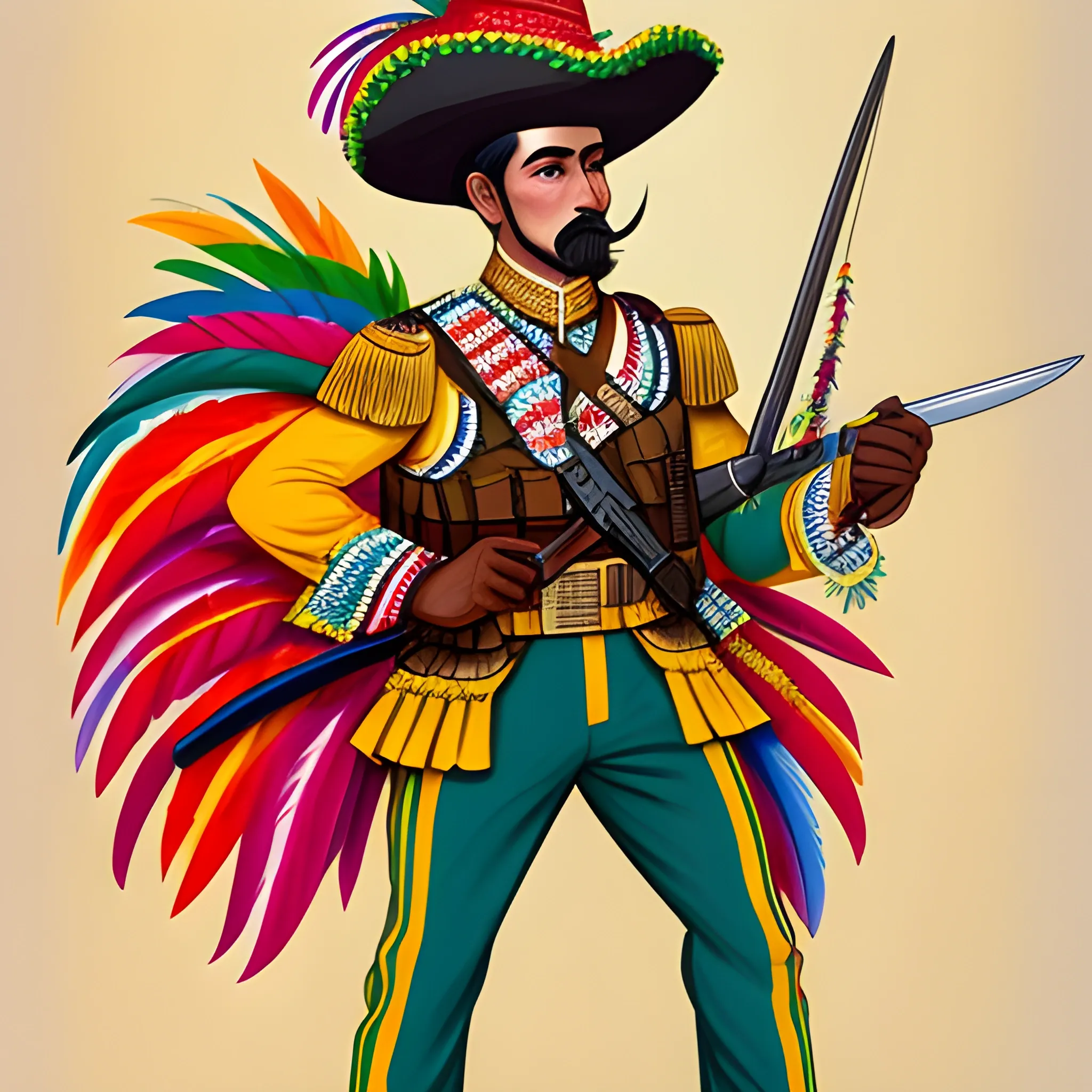 A colorful and caricatured representation of a Mexican insurgent soldier from the time of the Independence. The soldier wears a charro hat adorned with bright feathers and an excessively festive outfit with an abundance of ruffles and lace. He holds a sword that shines in golden tones,