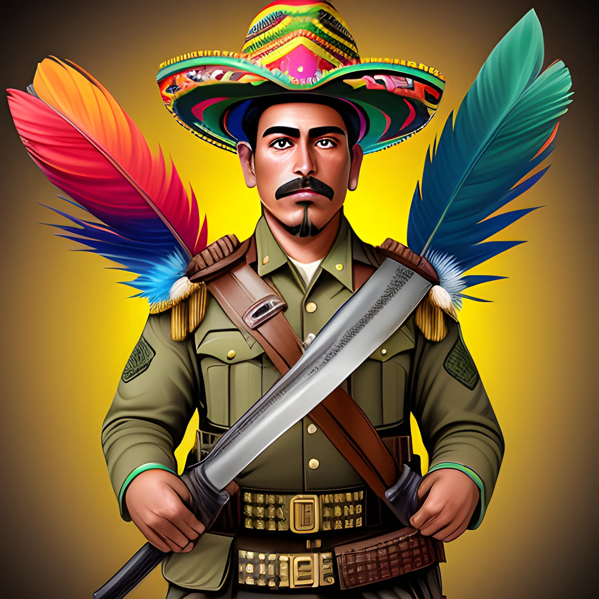 A colorful and caricatured representation of a Mexican insurgent soldier from the time of the Independence. The soldier wears a charro hat adorned with bright feathers and an excessively festive outfit . He holds a sword that shines in golden tones,