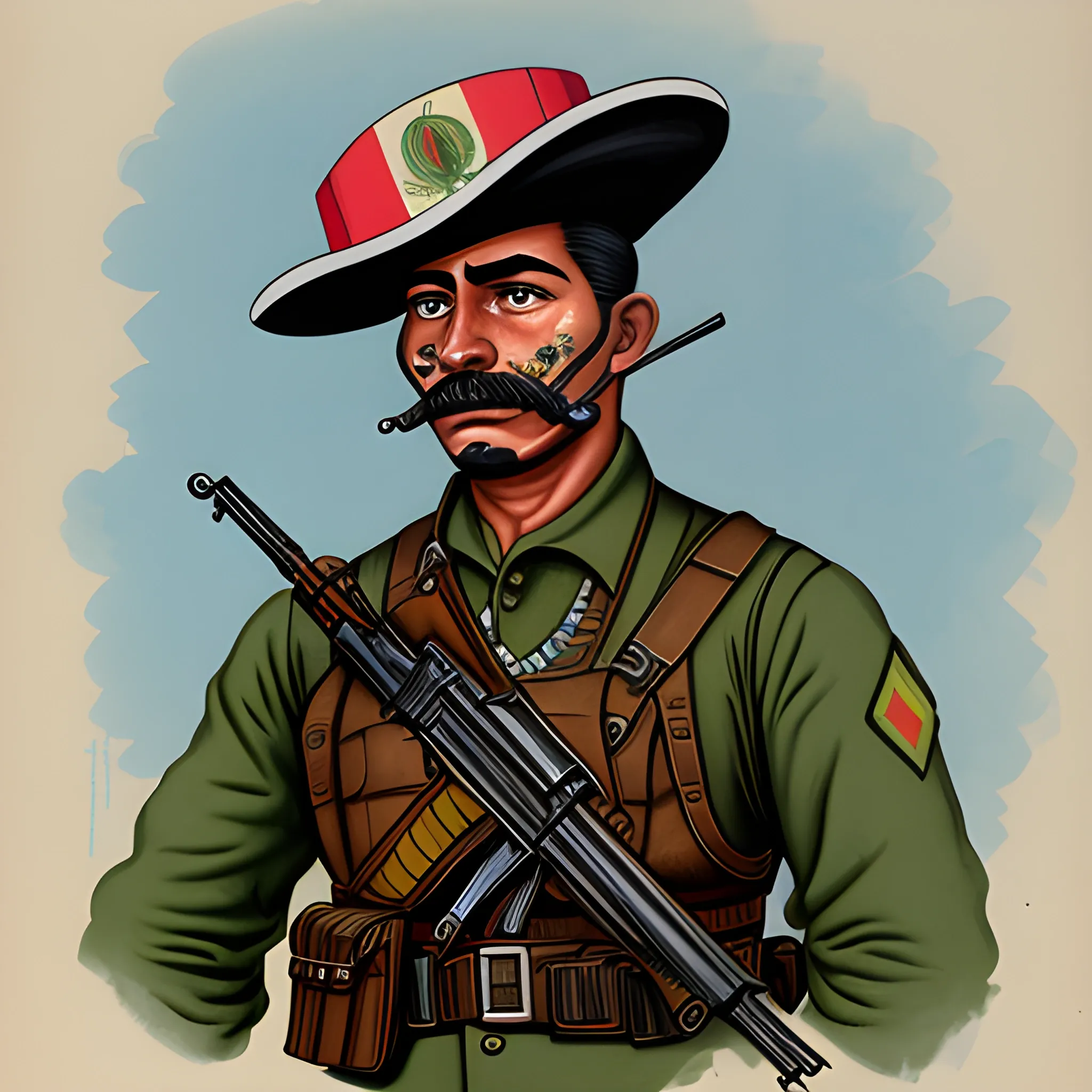 A colorful and caricatured representation of a Mexican insurgent soldier from the time of the Independence.
