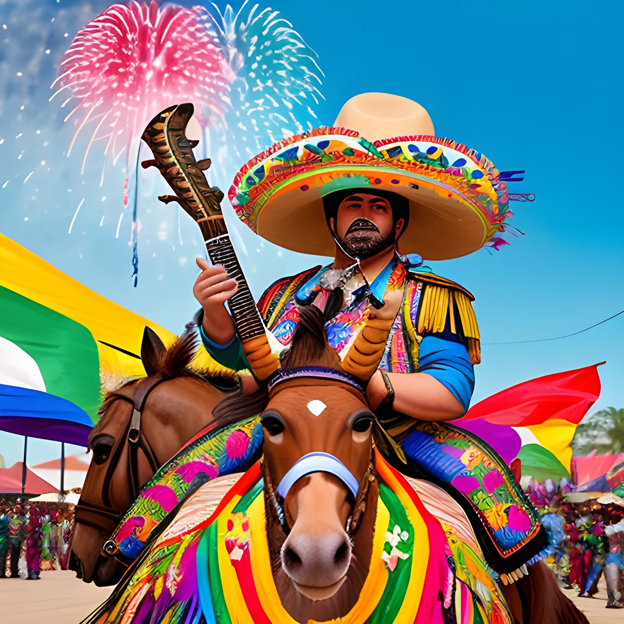 In the center of the image, there is a caricatured and colorful representation of a Mexican insurgent soldier from the Independence era. The soldier wears a charro hat adorned with bright feathers and an excessively festive outfit with an abundance of ruffles and lace. He holds a sword that shines in golden tones and carries a Mexican flag with the colors of the national flag waving behind him.

In the background, there is an eclectic mix of Mexican kitsch elements: giant cacti wearing mariachi hats, piñatas shaped like Independence heroes, a extravagantly dressed mariachi playing the guitar, a donkey painted with psychedelic designs carrying a barrel of tequila, and an Angel of Independence with colorful wings and sparkling sequins.

The sky behind all of this is filled with colorful fireworks and streamers, creating an atmosphere of exaggerated celebration. Additionally, humorous details such as giant chili peppers and floating tacos can be included.