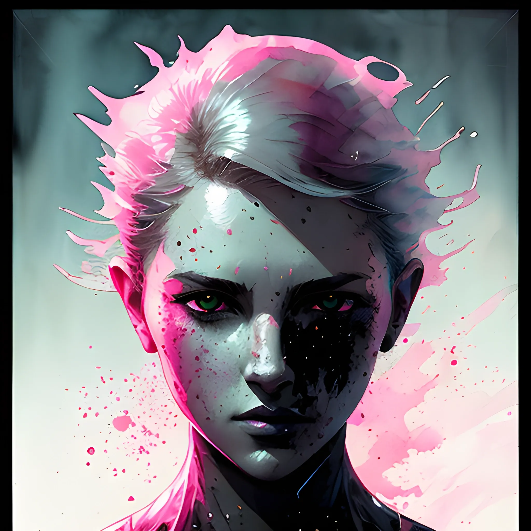 rfktrstyle"Silent Whisper" phosphorescent print-ready, urban pop art style, cosmic pink, immaculate black canvas, Splatter paint charisma, a sensation on ArtStation, crystal-clear precision, studio depiction, detailed linework, unmatched intricacy, in the vein of Greg Rutkowski's magic, Watercolor glow, trending on artstation, laser-sharp clarity, studio visualization, intricate textures, masterfully crafted, channeling the spirit of Greg Rutkowski., Watercolor, trending on artstation, sharp focus, studio photo, intricate details, highly detailed, by greg rutkowski --q99 --testp --chaos 90