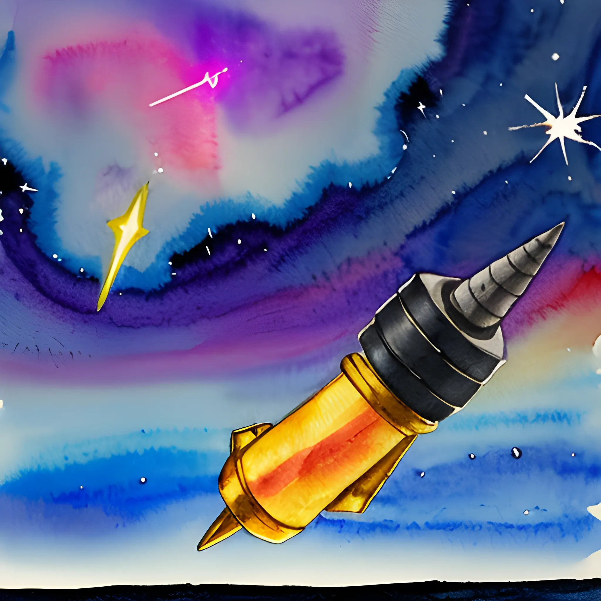 a hammer floating in a dark sky with a twin tailed comet in the back, Water Color, 