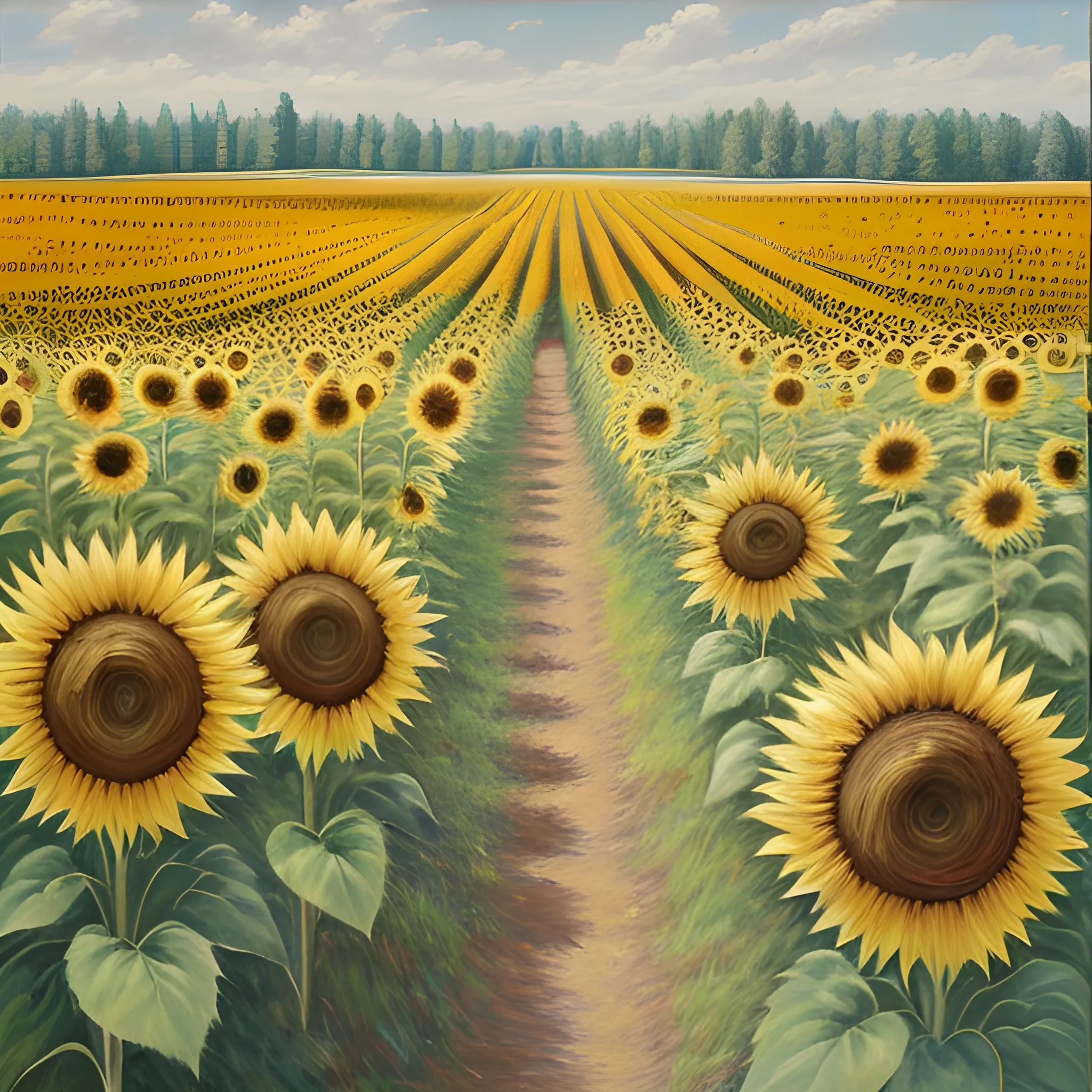 , Oil Painting,  as original as possible, unsigned, beautiful sunny day, dull forest tree line,  viewed from 100 feet away at the height level of the top of a sunflower field 