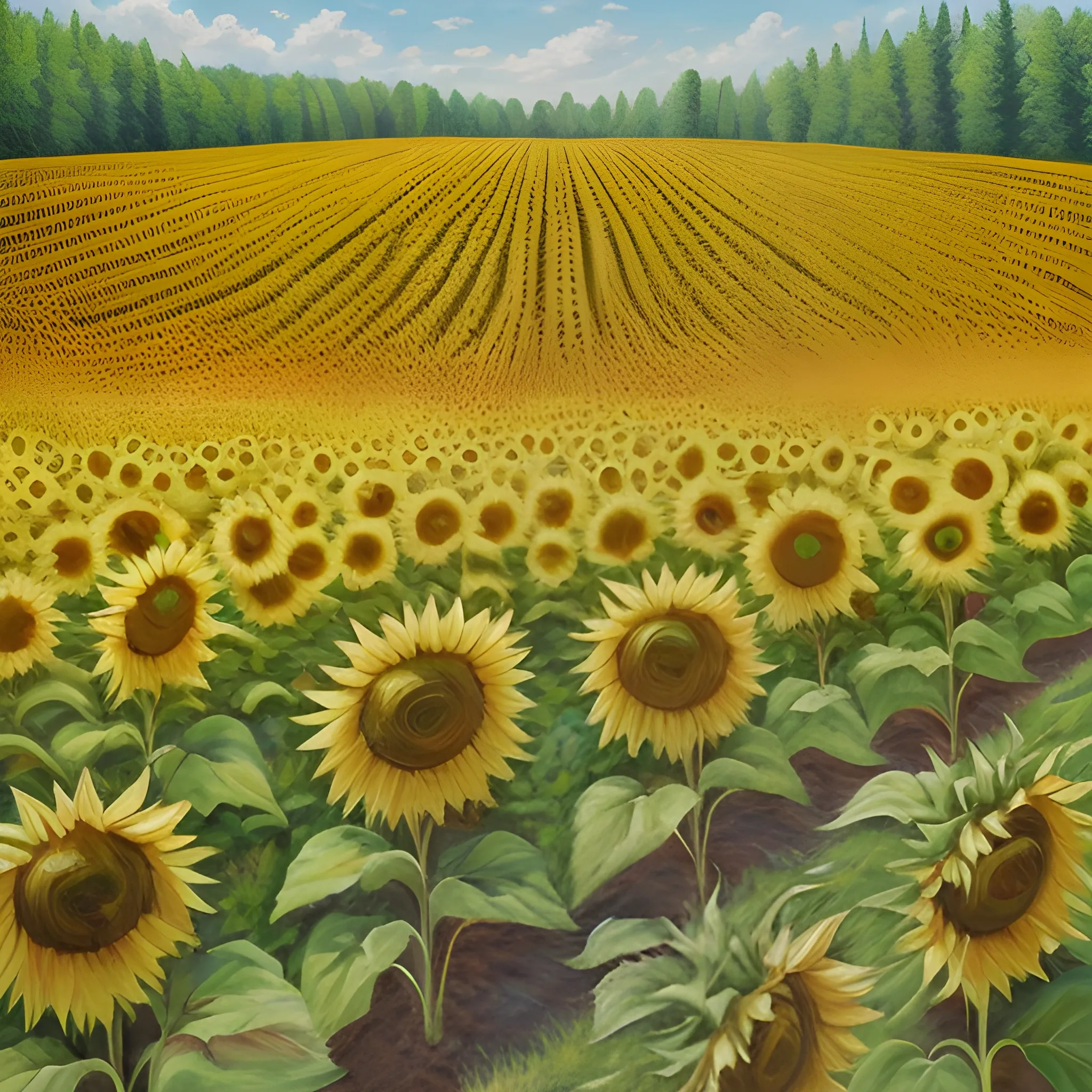 , Oil Painting,  as original as possible, unsigned, beautiful sunny day, dull forest tree line,  viewed from 100 feet away at the height level of the top of a sunflower field, keeping the lens focus of the treeline, 3D