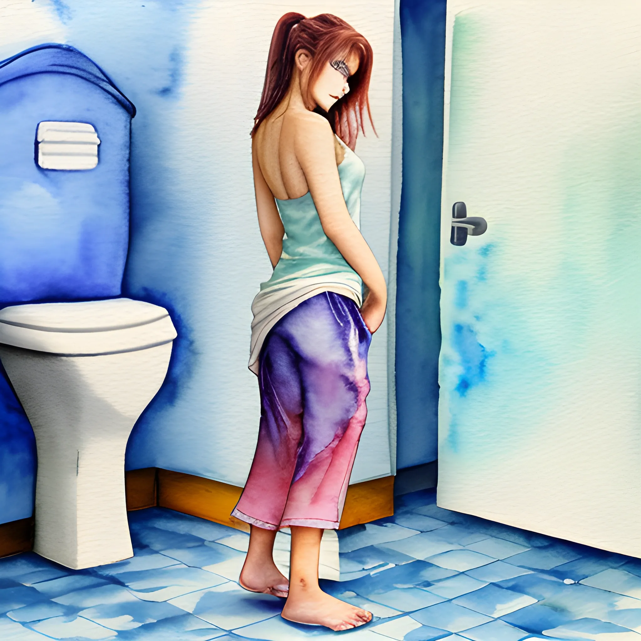 , Water Color, 3D, super beautiful 18 year old coming out of the washroom, turned around after noticing you looking at her, dropped her cloths to the floor; embarrassed of you seeing her like that