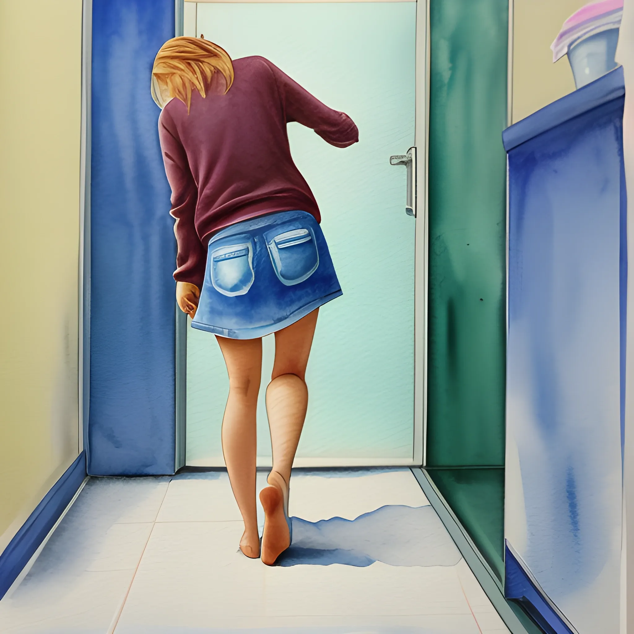 , Water Color, 3D, super beautiful 18 year old coming out of the washroom, turned around after noticing you looking at her, dropped her cloths to the floor; embarrassed of you seeing her like that