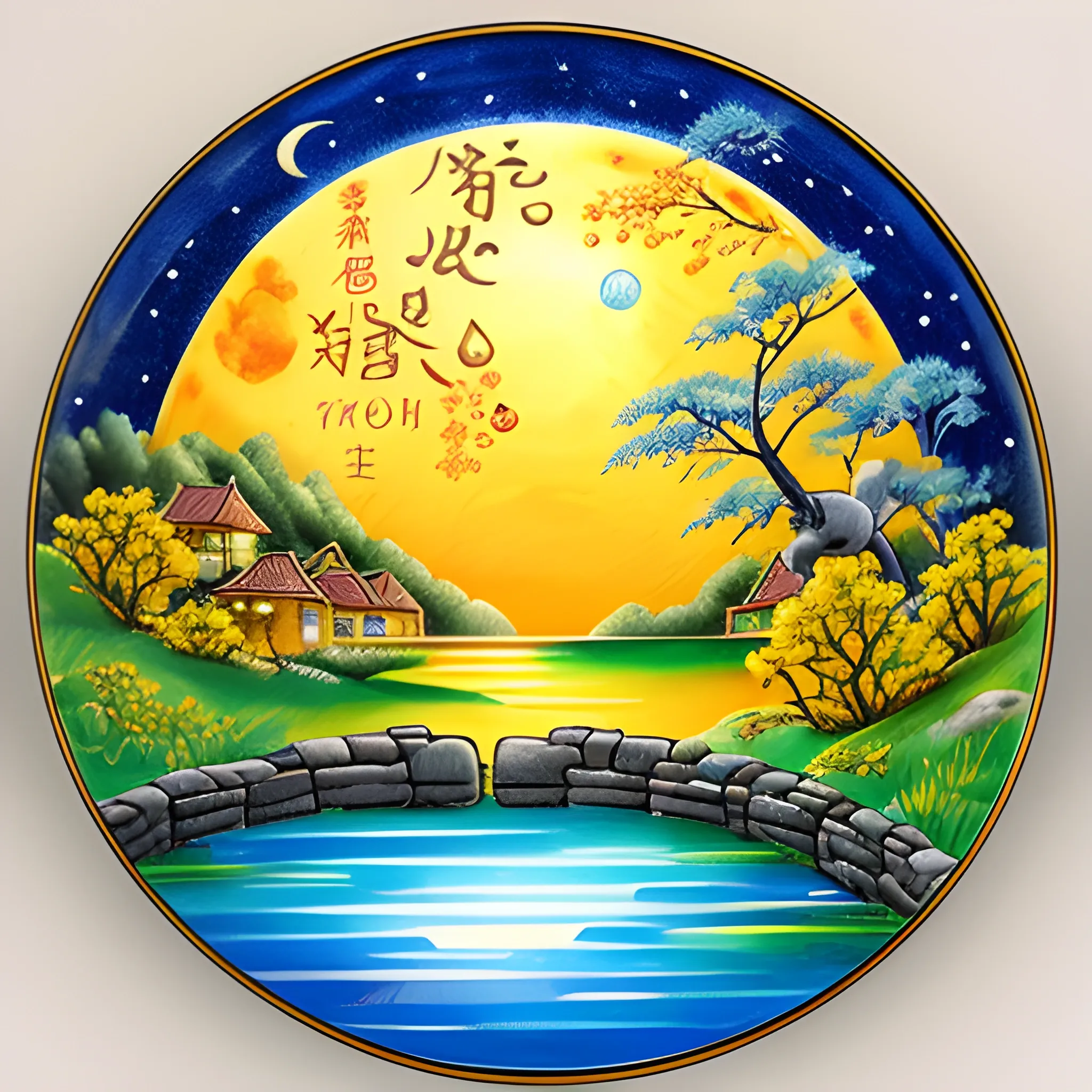 During the Mid-Autumn Festival, a bright moon hangs in a bright starry sky, reflecting in a clear pool of water, with rabbits, mooncakes, landscapes, and small yellow flowers, Water Color