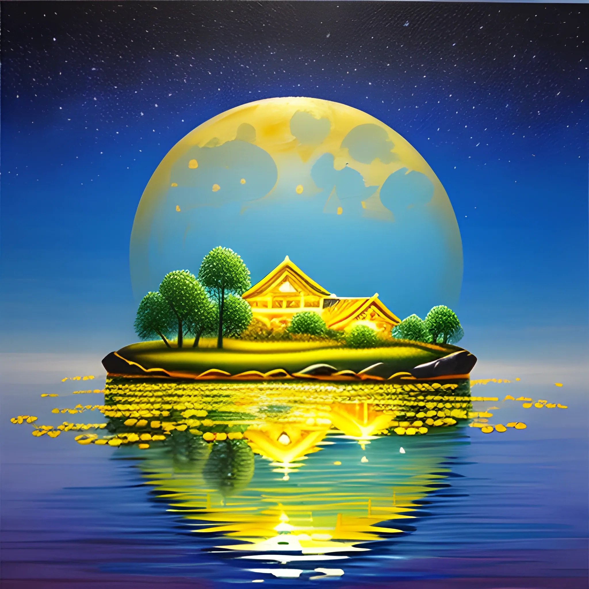 During the Mid-Autumn Festival, a bright moon hangs in a bright starry sky, reflecting in a clear pool of water, with rabbits, mooncakes, landscapes, and small yellow flowers,  Oil Painting