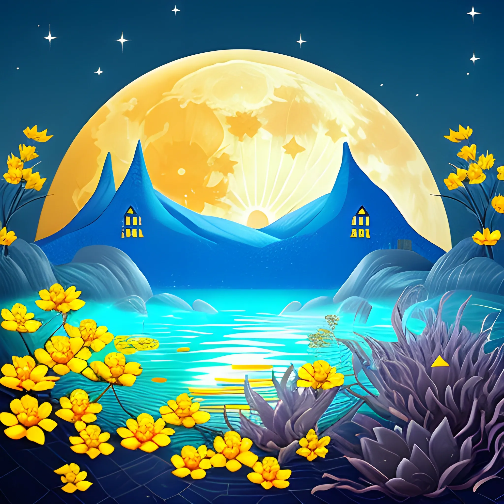 During the Mid-Autumn Festival, a bright moon hangs in a bright starry sky, reflecting in a clear pool of water, with rabbits, mooncakes, landscapes, and small yellow flowers,   Trippy