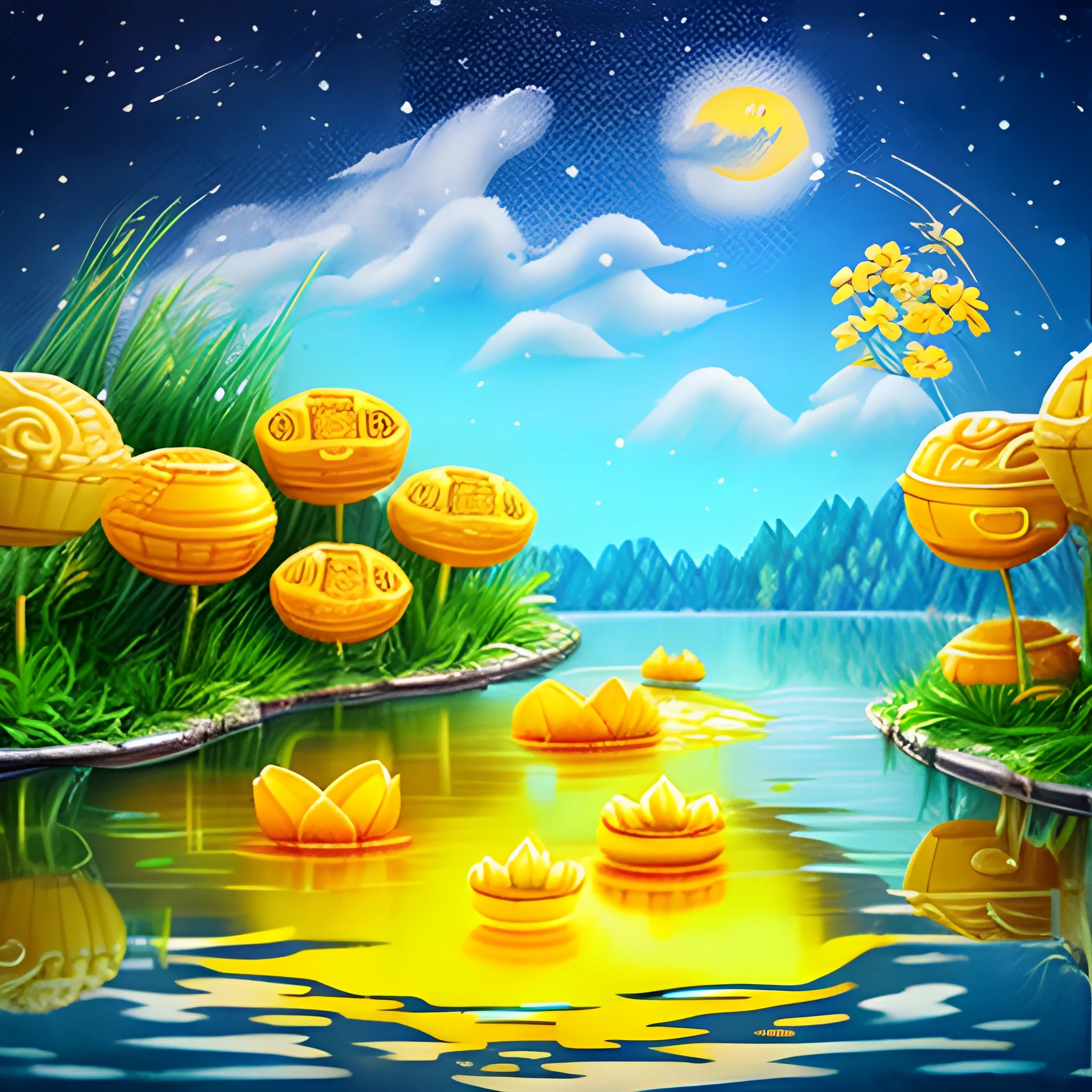 During the Mid-Autumn Festival, a bright moon hangs in a bright starry sky, reflecting in a clear pool of water, with rabbits, mooncakes, landscapes, and small yellow flowers,   Trippy, Cartoon, 3D, Pencil Sketch, Oil Painting, Water Color