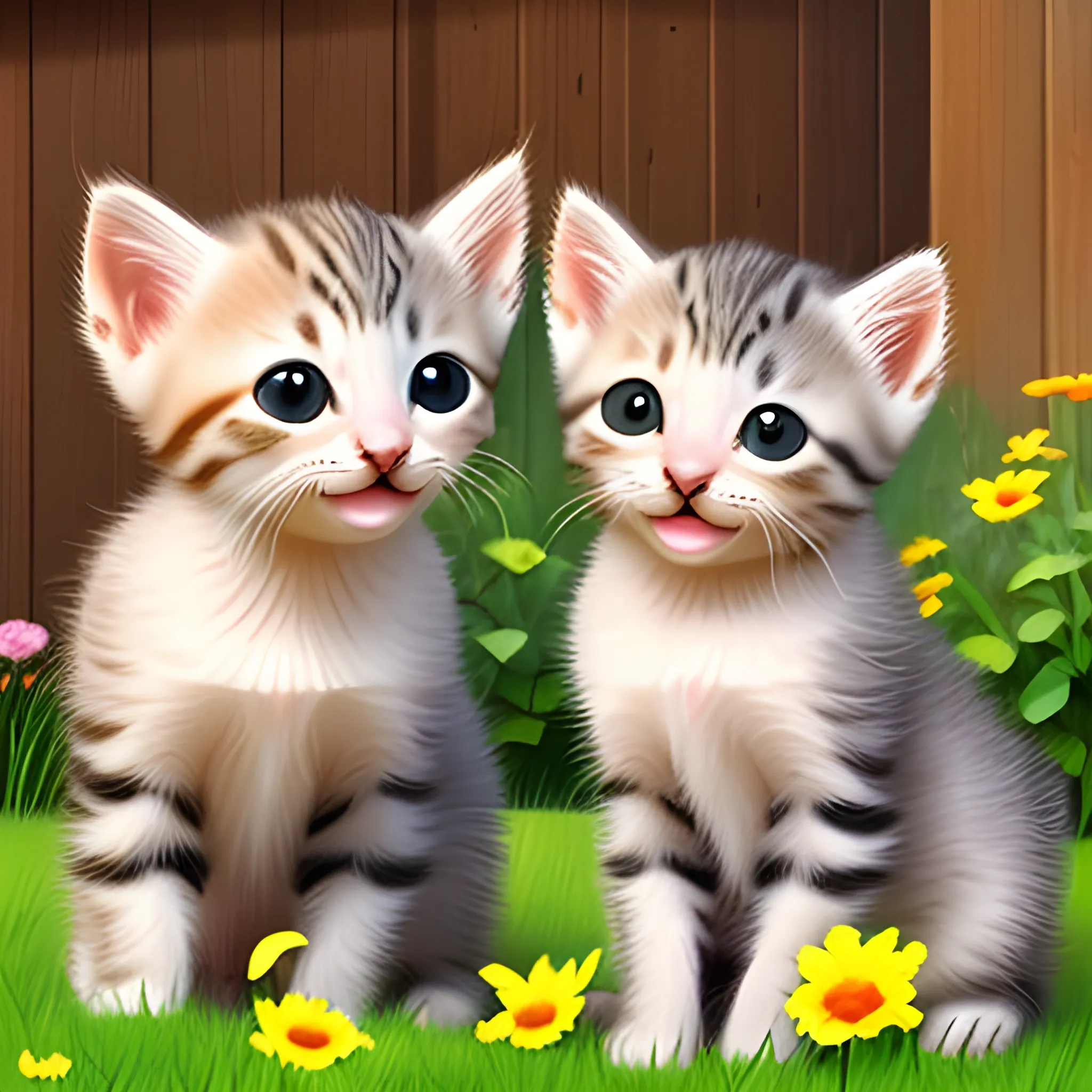 two animated kittens smiling in the garden of a house