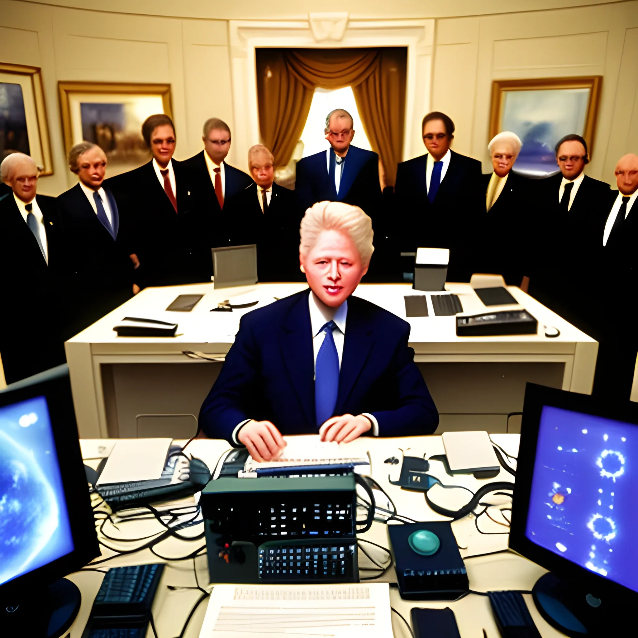 /imagine prompt: color photo of President Clinton in the White House, overseeing a team of esteemed scientists and researchers dedicated to studying and establishing communication with extraterrestrial beings. The photo captures President Clinton engaged in animated discussions with the scientists, exchanging ideas and theories about interstellar communication. The room is filled with advanced equipment, computers, and intricate communication devices, highlighting the cutting-edge technology being employed in this groundbreaking research. The colors in the photo are a mix of intellectual blues and vibrant cosmic shades, symbolizing the fusion of scientific inquiry and the mysteries of the universe. This photo serves as a testament to President Clinton's visionary leadership and commitment to pushing the boundaries of human knowledge, leaving viewers captivated by the extraordinary quest to establish contact with beings from beyond our world. —c 10 —ar 2:3, Trippy