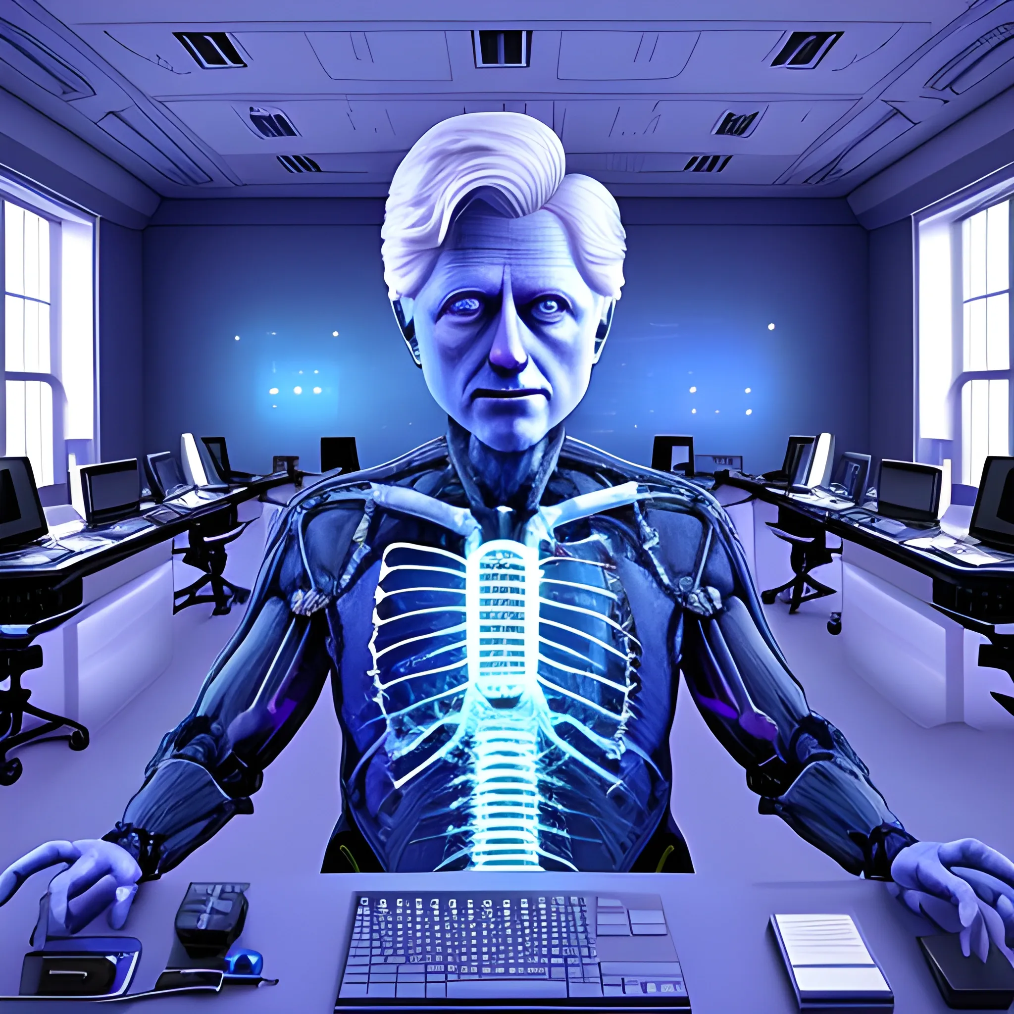 /imagine prompt: color photo of President Clinton in the White House, overseeing a team of esteemed scientists and researchers dedicated to studying and establishing communication with extraterrestrial beings. The photo captures President Clinton engaged in animated discussions with the scientists, exchanging ideas and theories about interstellar communication. The room is filled with advanced equipment, computers, and intricate communication devices, highlighting the cutting-edge technology being employed in this groundbreaking research. The colors in the photo are a mix of intellectual blues and vibrant cosmic shades, symbolizing the fusion of scientific inquiry and the mysteries of the universe. This photo serves as a testament to President Clinton's visionary leadership and commitment to pushing the boundaries of human knowledge, leaving viewers captivated by the extraordinary quest to establish contact with beings from beyond our world. —c 10 —ar 2:3, Trippy, 3D