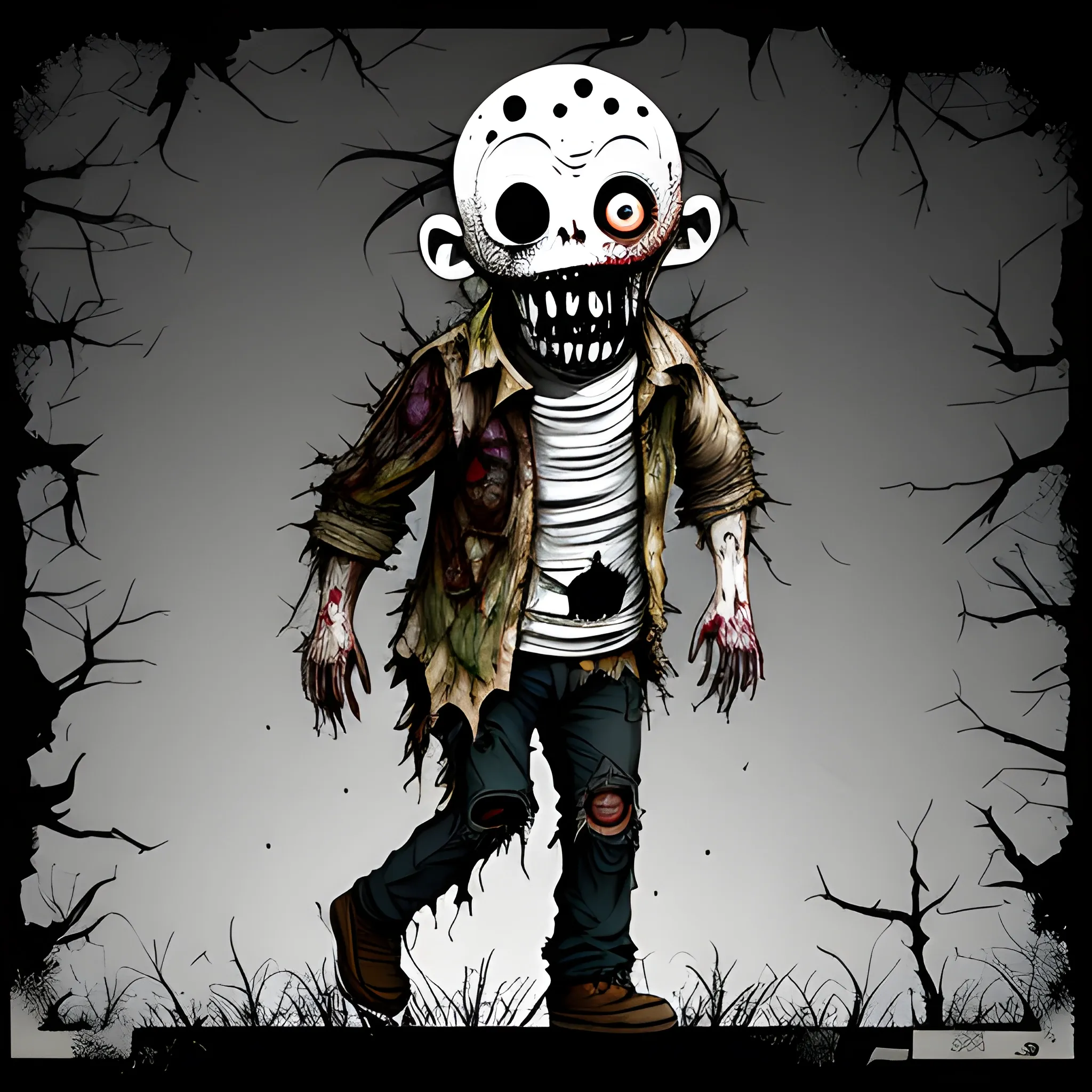 stickers of funny zombie walking with worn and torn clothes, halloween style, with background without color and white border, 2d