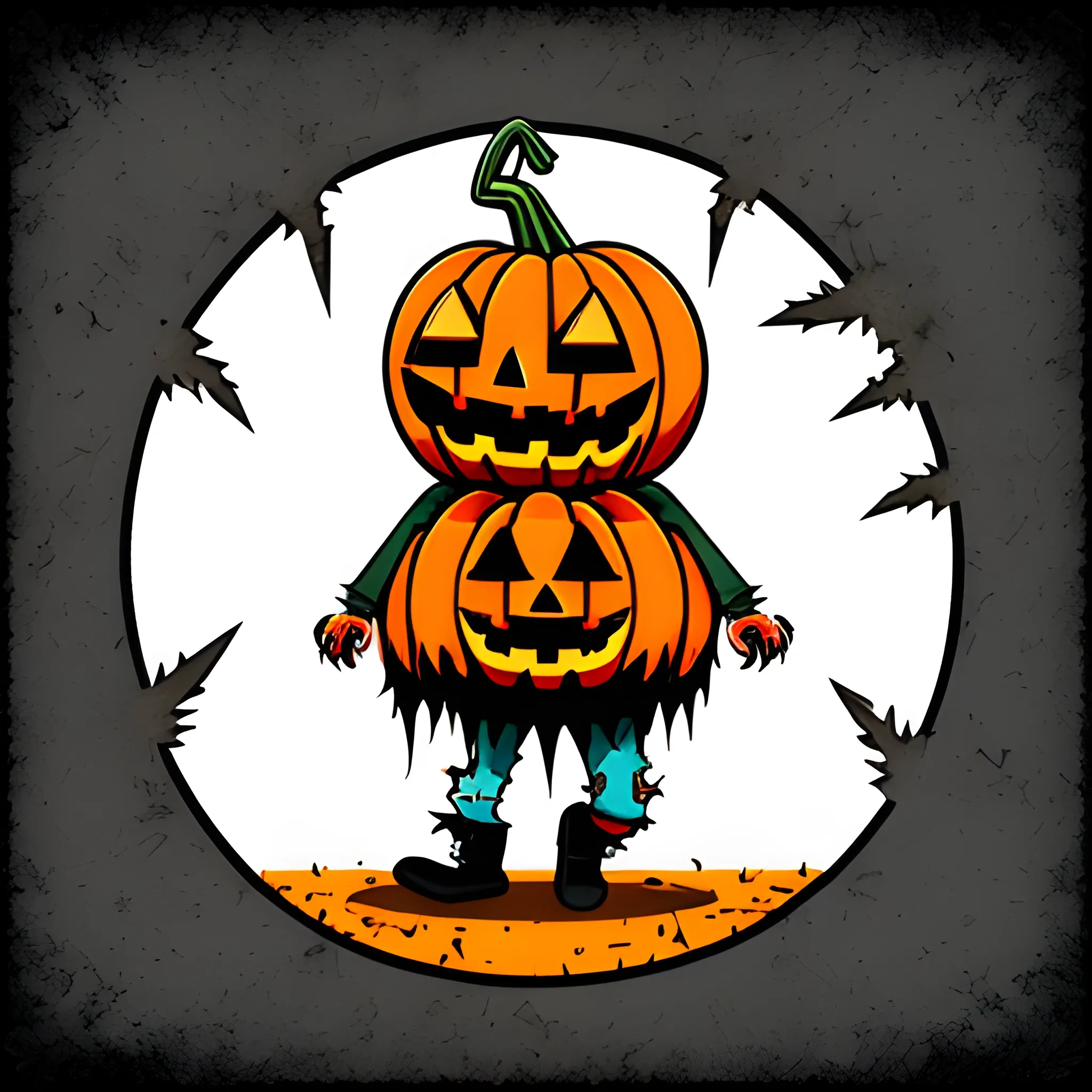 stickers of funny pumpkin zombie walking with worn and torn clothes, with background without color and white border, 2d, Cartoon