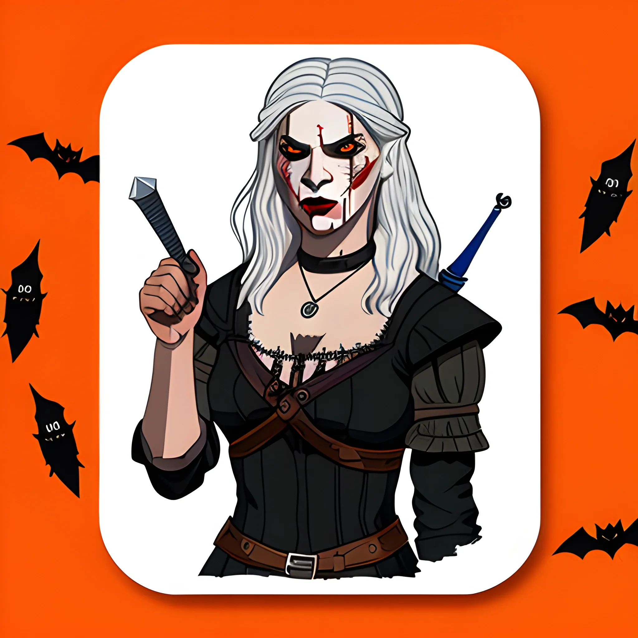 
halloween sticker, woman witcher, white background, Cartoon