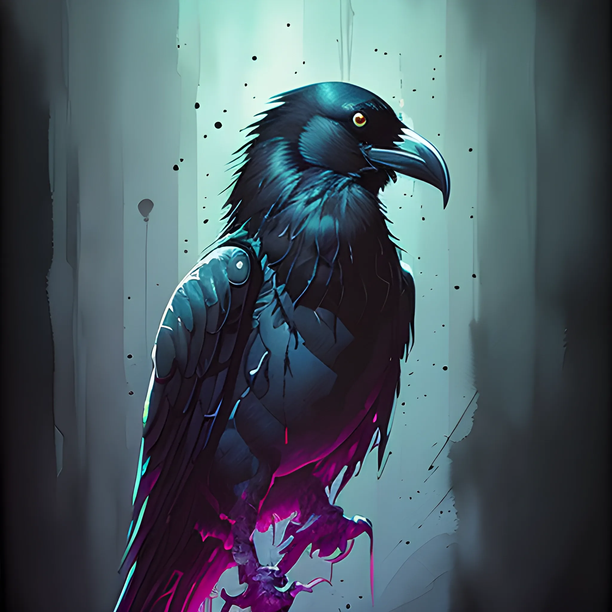 rfktrstyle"Raven Psycho" phosphorescent print-ready, urban pop art style, cosmic black, immaculate black canvas, Splatter paint charisma, a sensation on ArtStation, crystal-clear precision, studio depiction, detailed linework, unmatched intricacy, in the vein of Greg Rutkowski's magic, Watercolor glow, trending on artstation, laser-sharp clarity, studio visualization, intricate textures, masterfully crafted, channeling the spirit of Greg Rutkowski., Watercolor, trending on artstation, sharp focus, studio photo, intricate details, highly detailed, by greg rutkowski --q 99 --testp --chaos 90