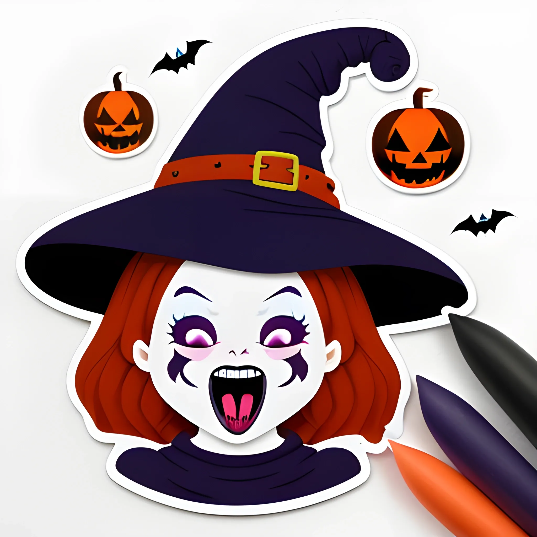 Design of funny witch sticker on Halloween, thick edges, white background, put 4 stickers separated from each other with different coleres palette unaloca, the other trste, the other cheerful and the other with the tongue out, Cartoon