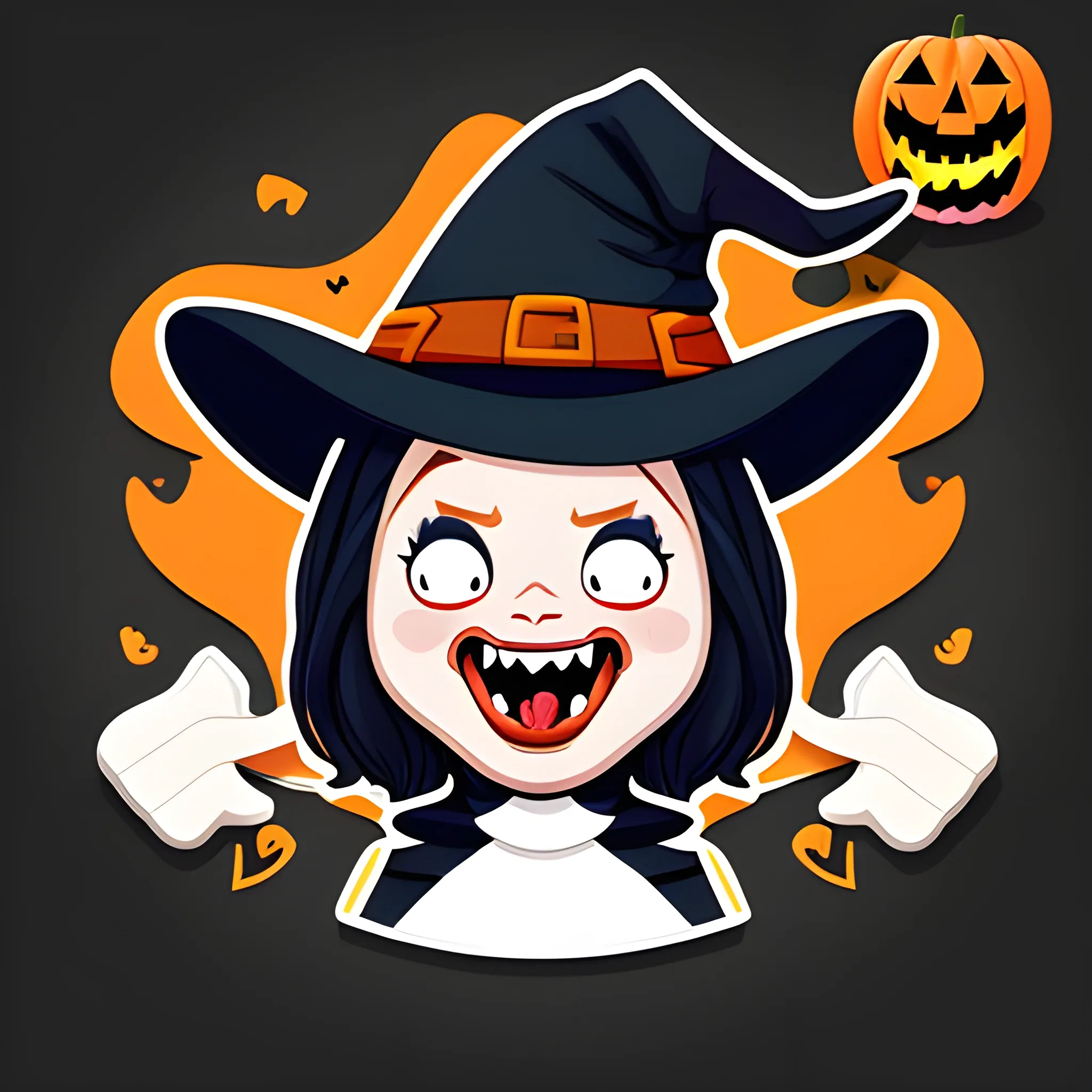 Design of funny witch sticker on Halloween, thick edges, white background, put 4 stickers separated from each other with different coleres palette, one crazy, the other sad, the other cheerful and the other with the tongue out, Cartoon